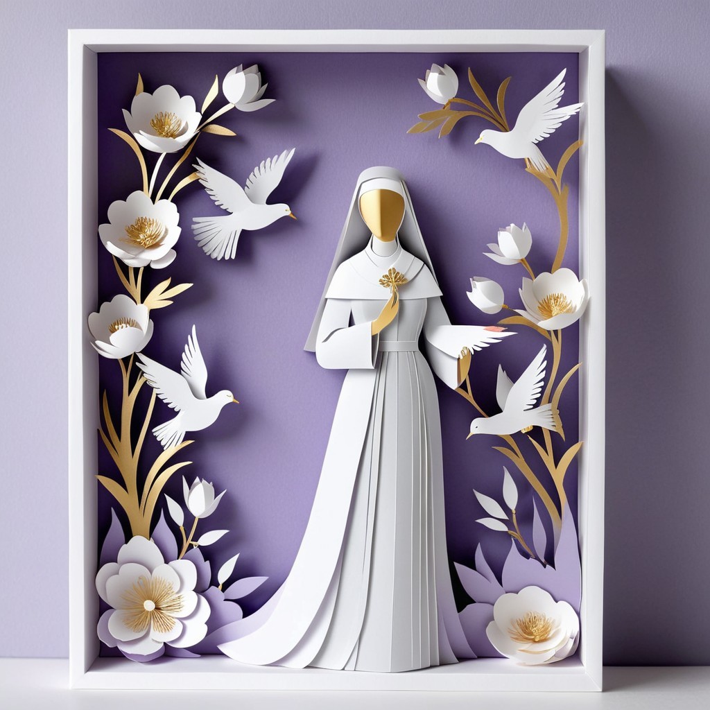 Delicate Paper Art of Nun with Doves and Flowers