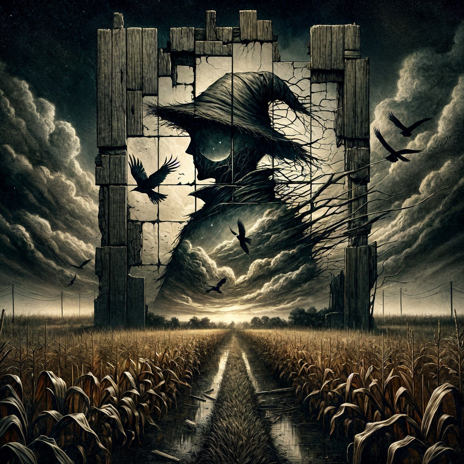Surreal Landscape with Cornstalk Pathway and Crows