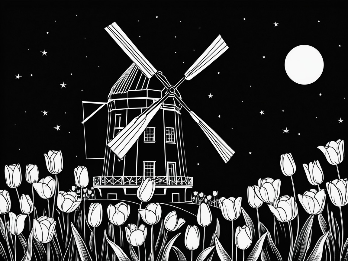 Black and White Illustration of Windmill and Tulips