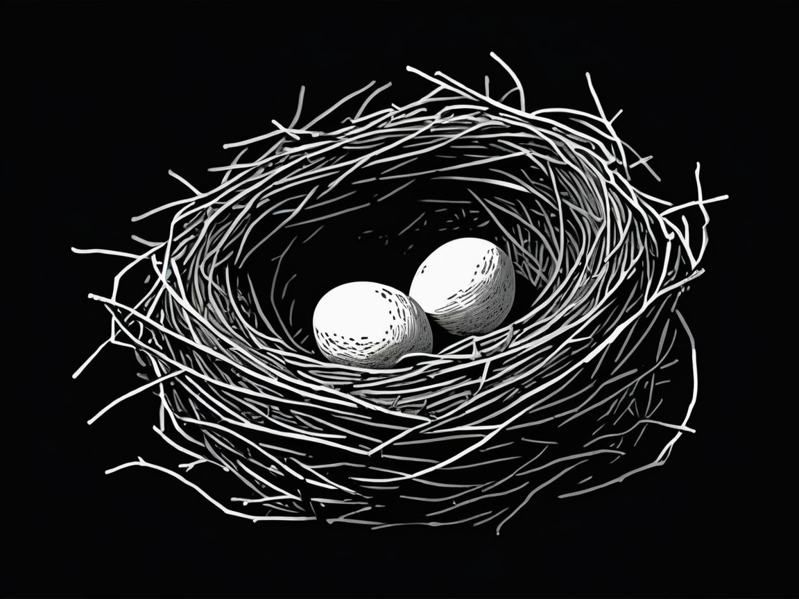 Monochromatic Illustration of a Bird's Nest with Eggs