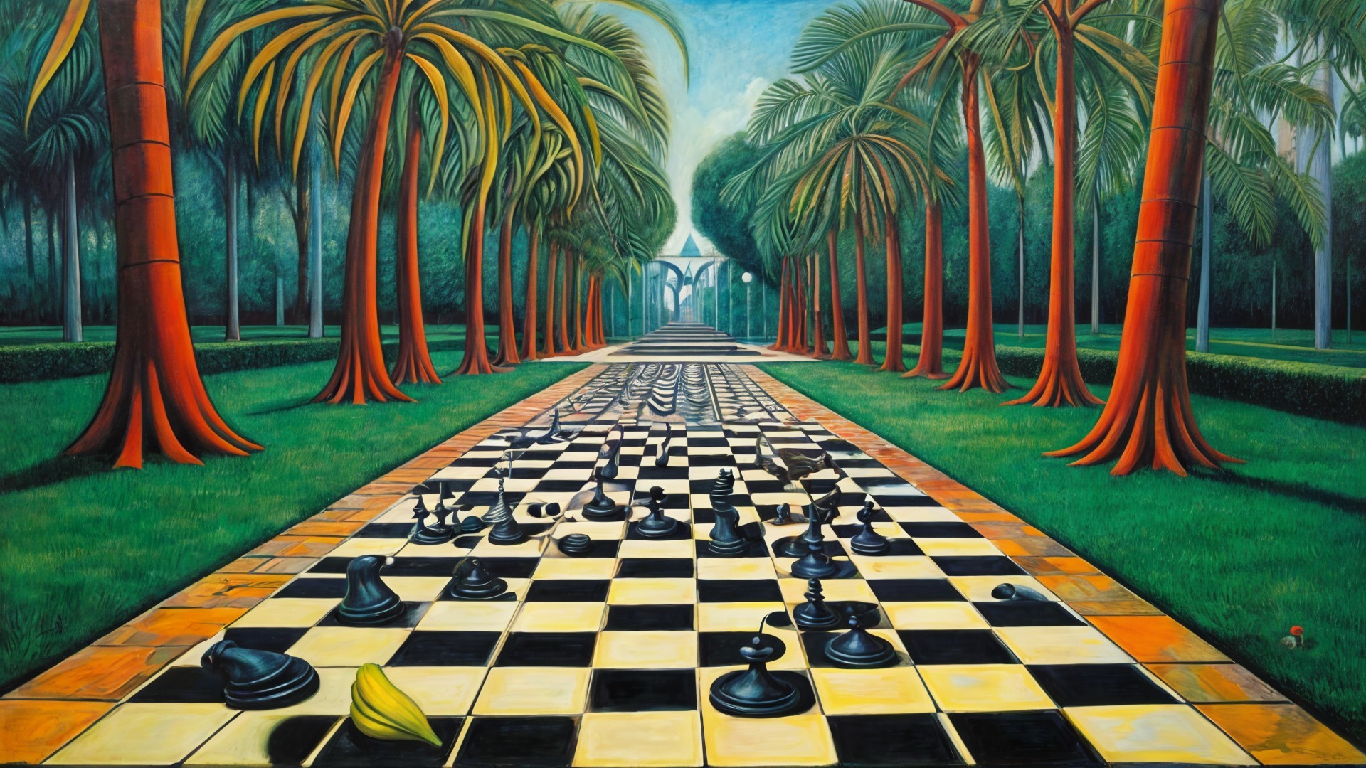 Surreal Landscape with Chessboard Path and Garden