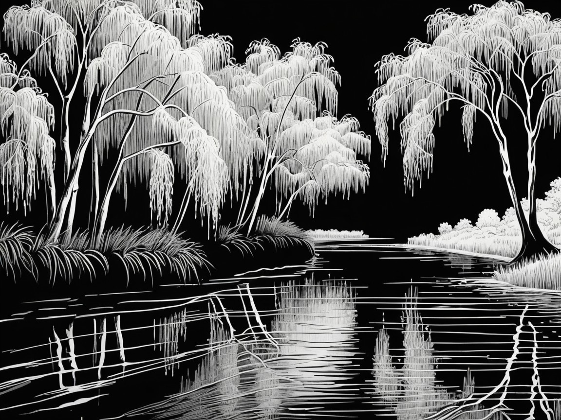 Black and white landscape with weeping willows by river