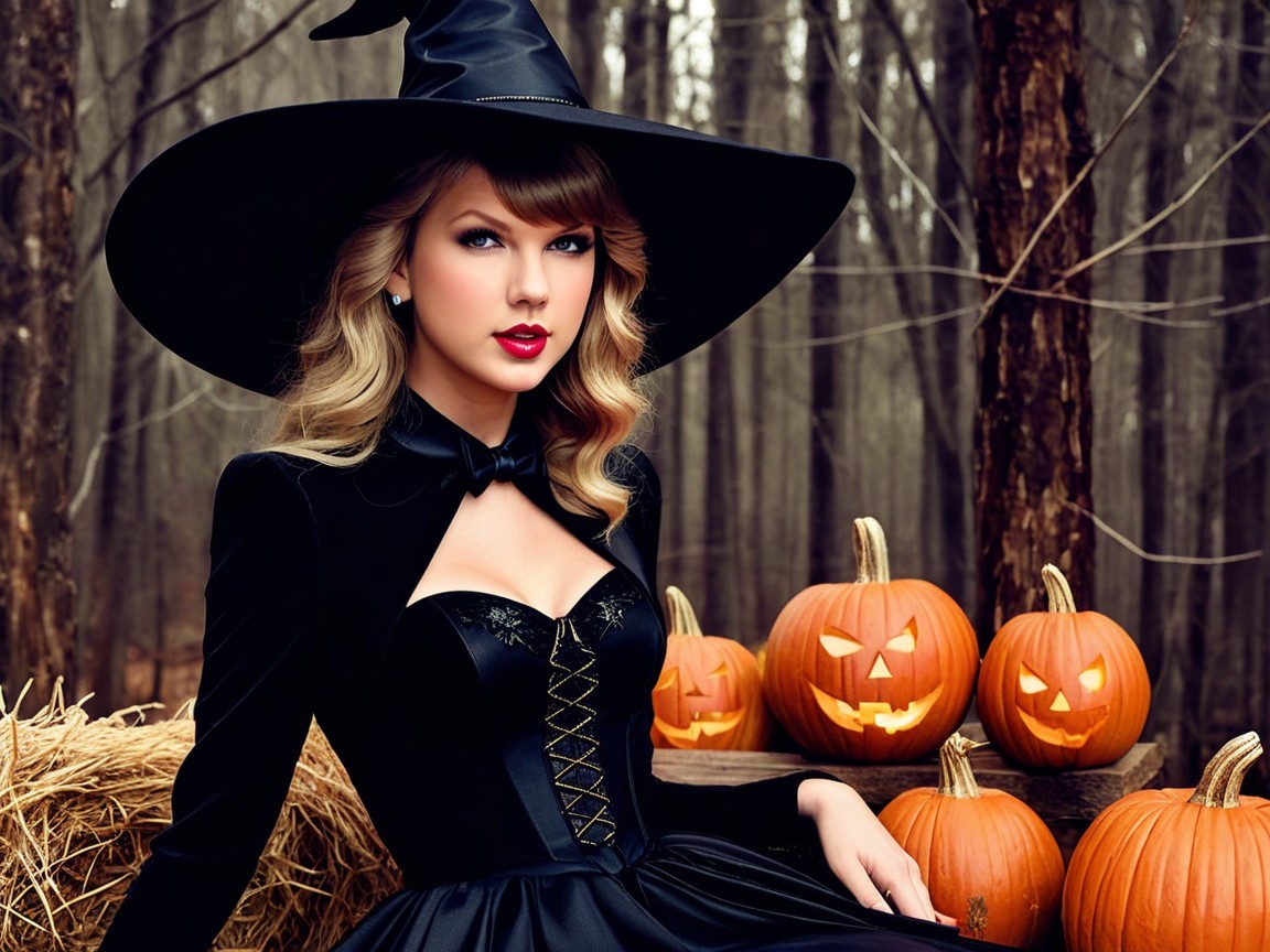 Woman in Black Witch Costume Among Carved Pumpkins