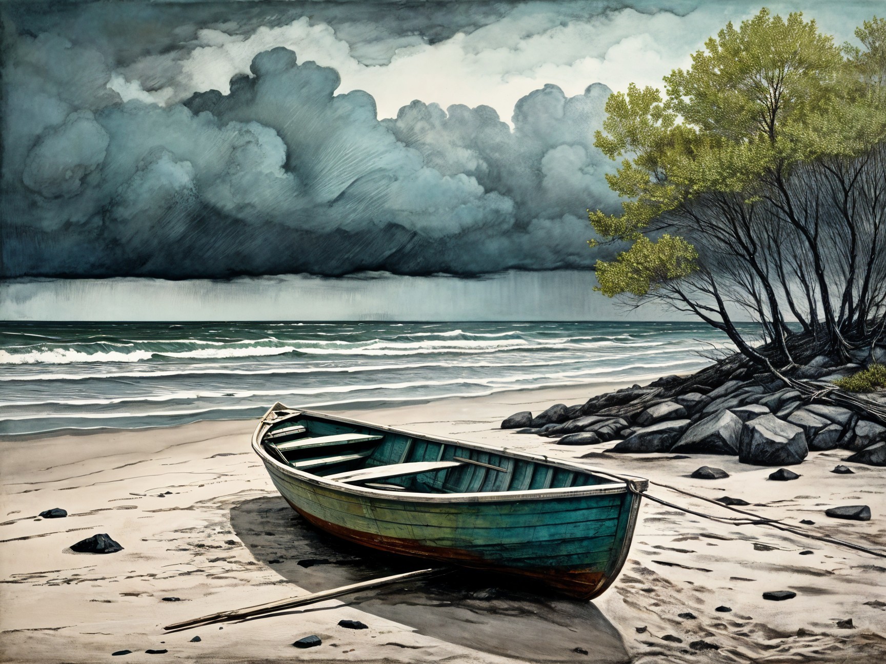 Weathered Boat on Sandy Beach Under Dark Clouds