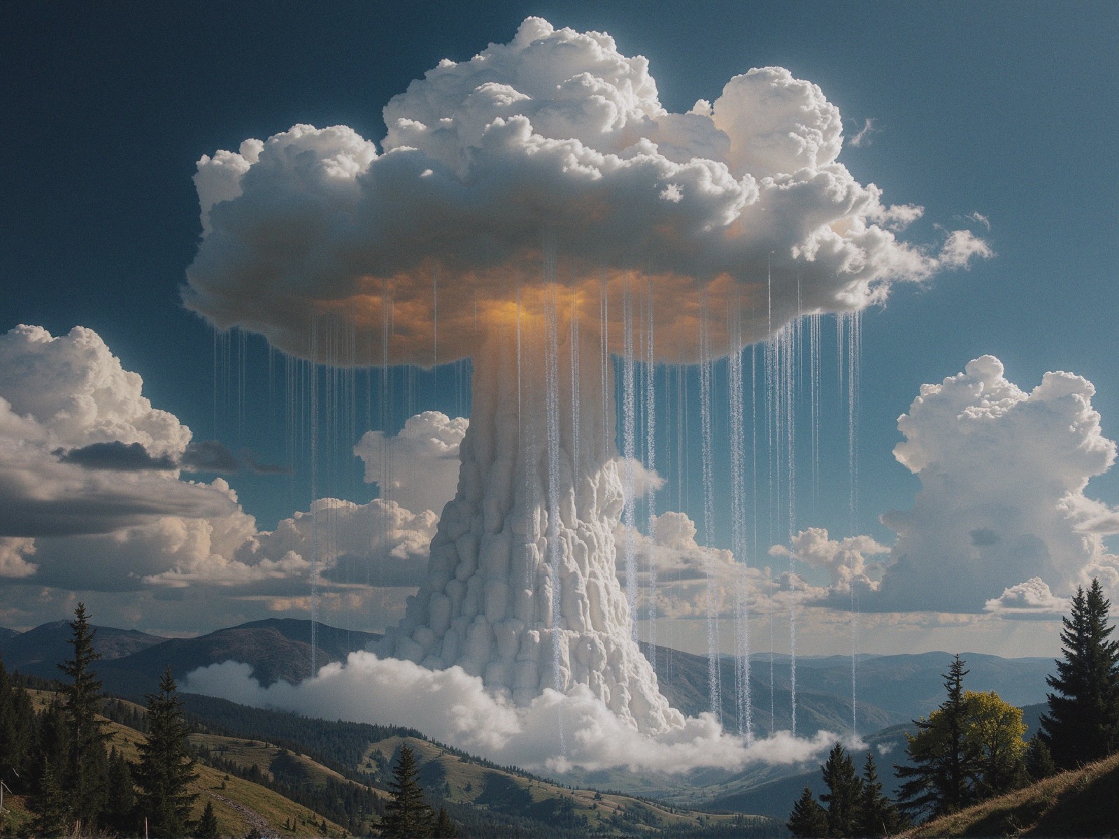 Mushroom Cloud Formation Over Lush Green Hills