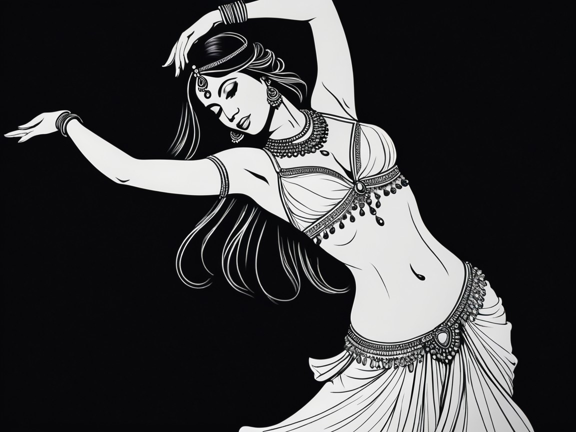 Monochrome Illustration of a Dancer in Traditional Attire