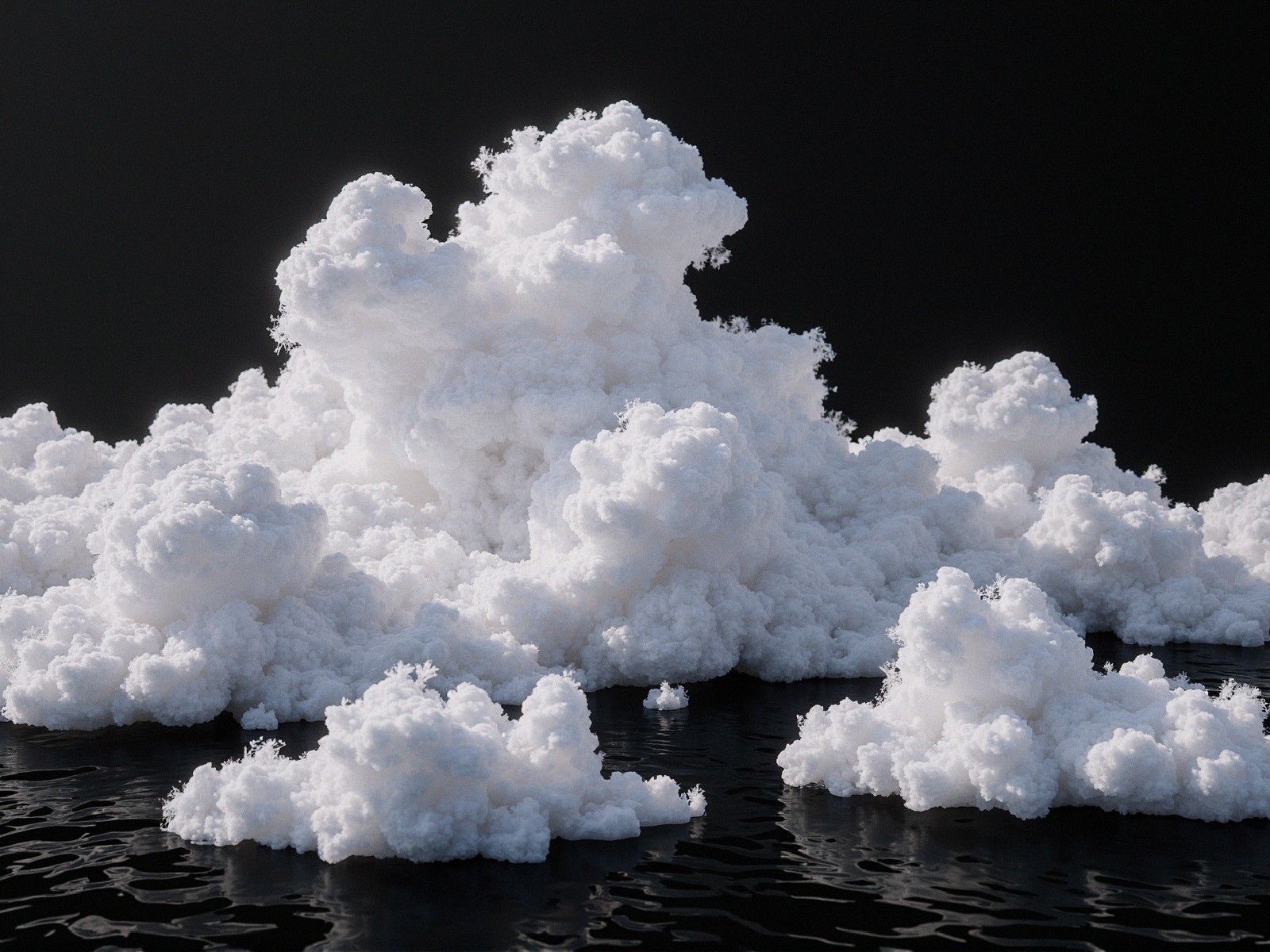Fluffy Cloud Formations Above Dark Reflective Surface