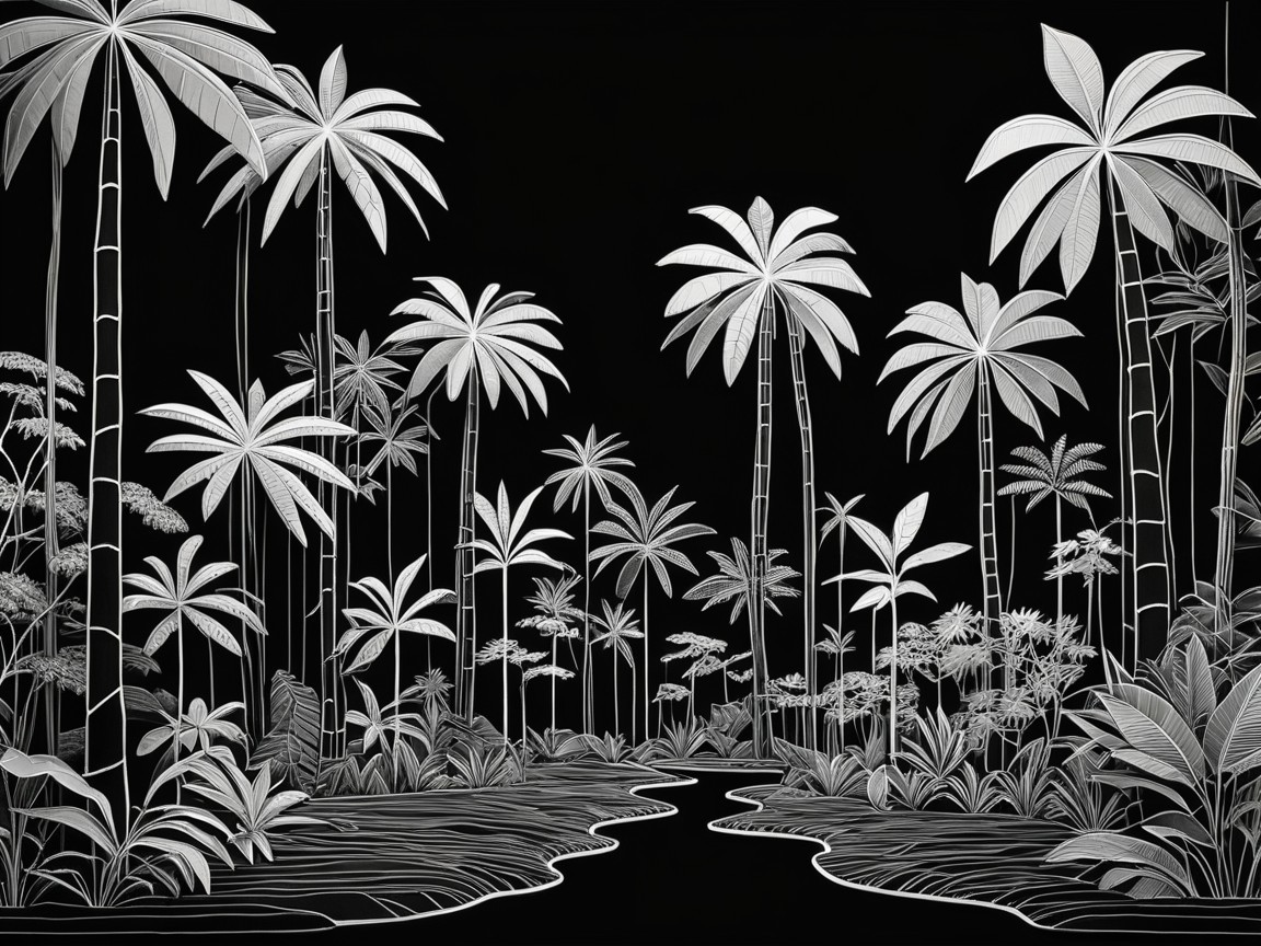 Monochromatic Illustration of Tropical Landscape Scene