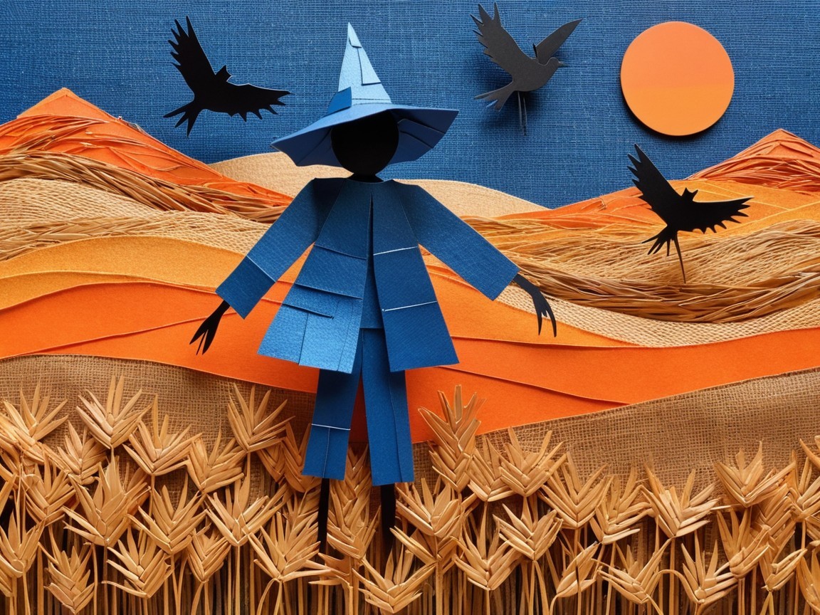 Whimsical Collage of Silhouetted Figure in Wheat Fields