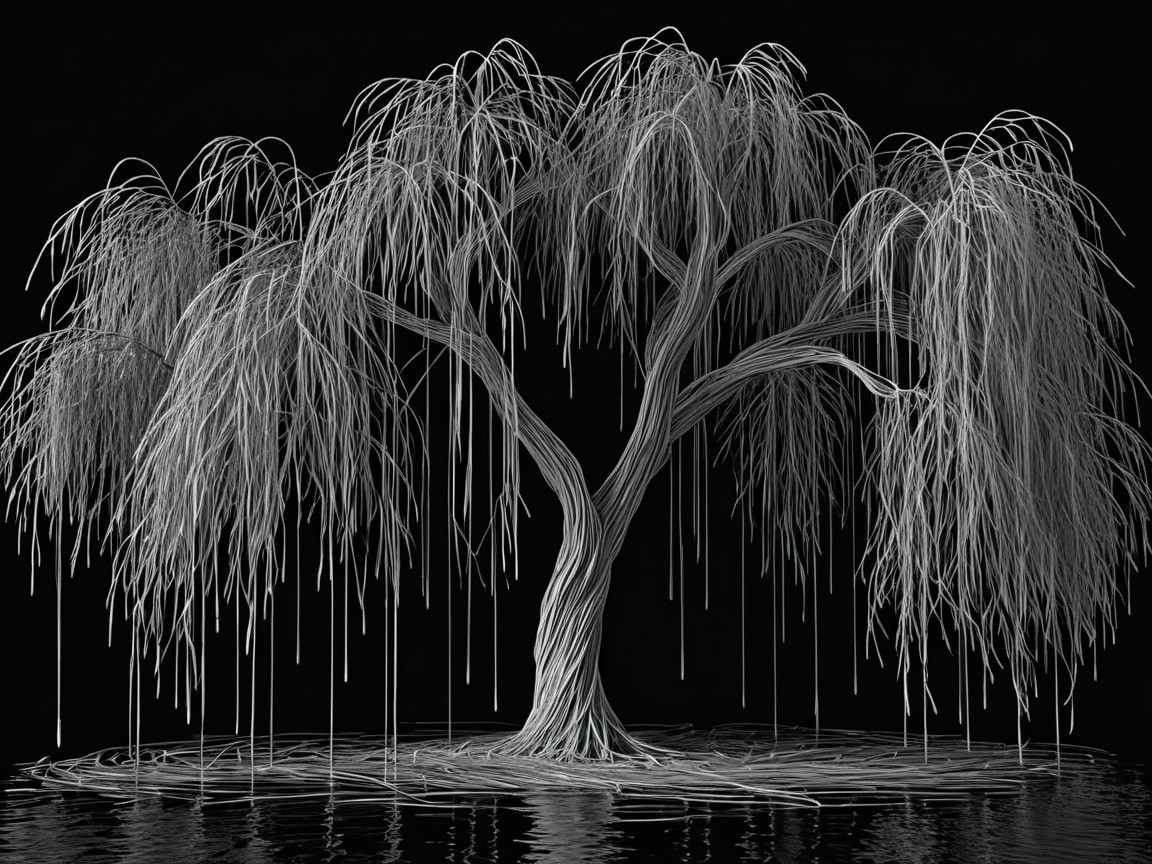 Monochromatic Willow Tree with Ethereal Reflection
