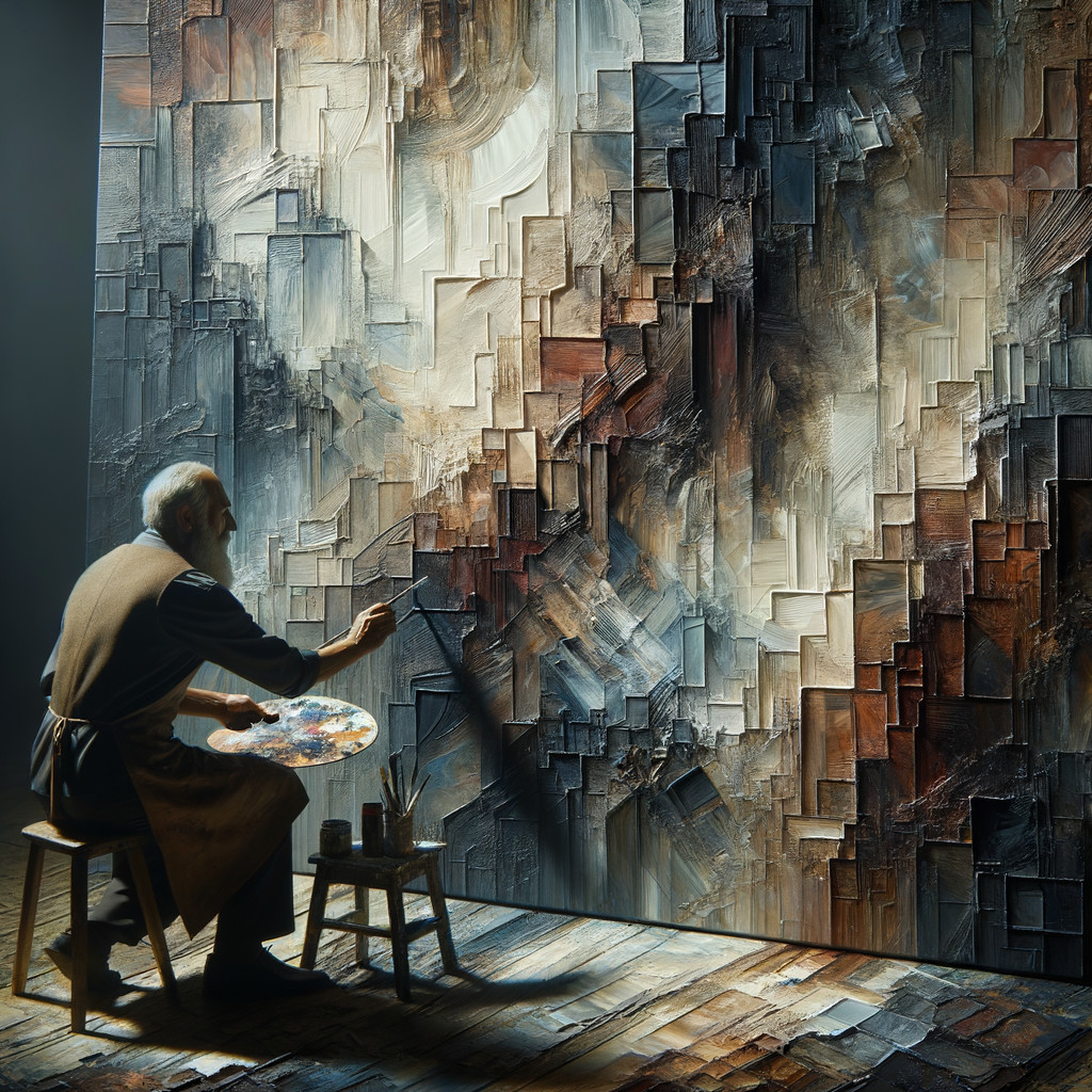 Elderly Artist Painting Abstract Canvas in Serene Studio
