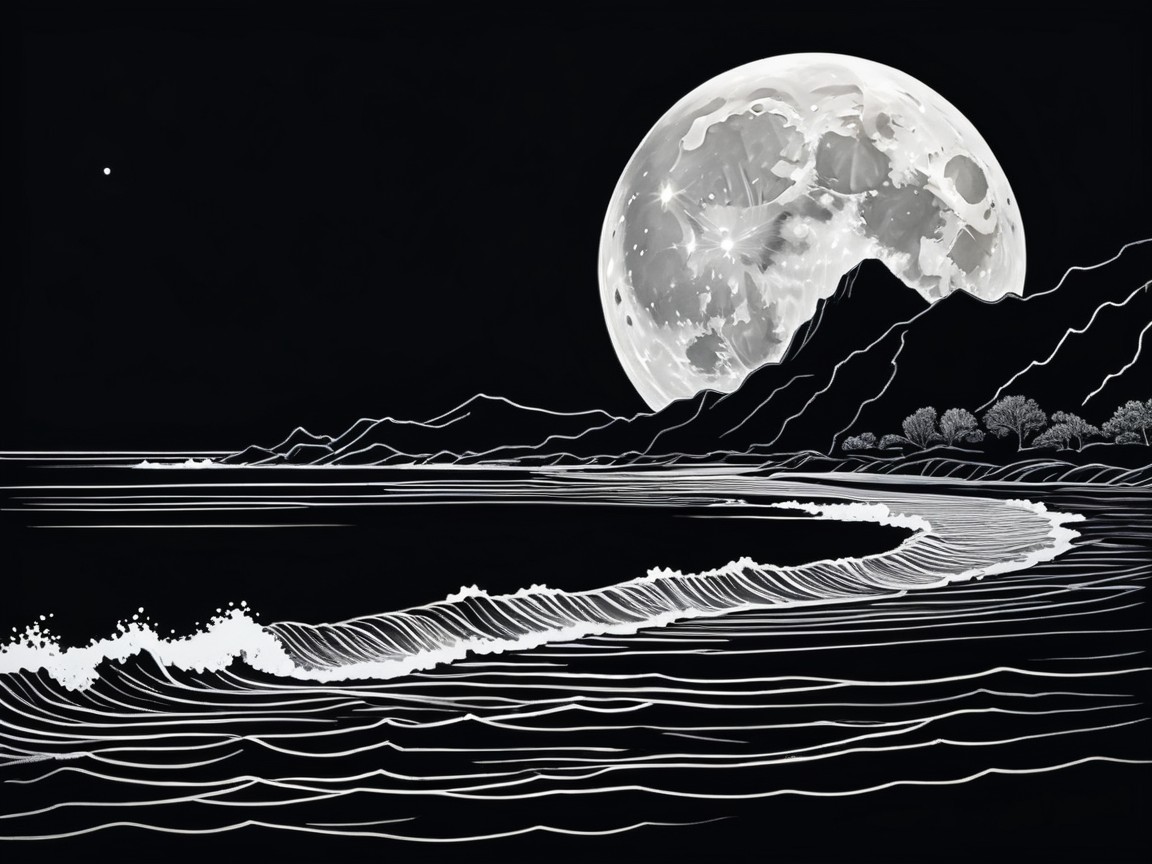 Black and White Coastal Scene with Full Moon Glow
