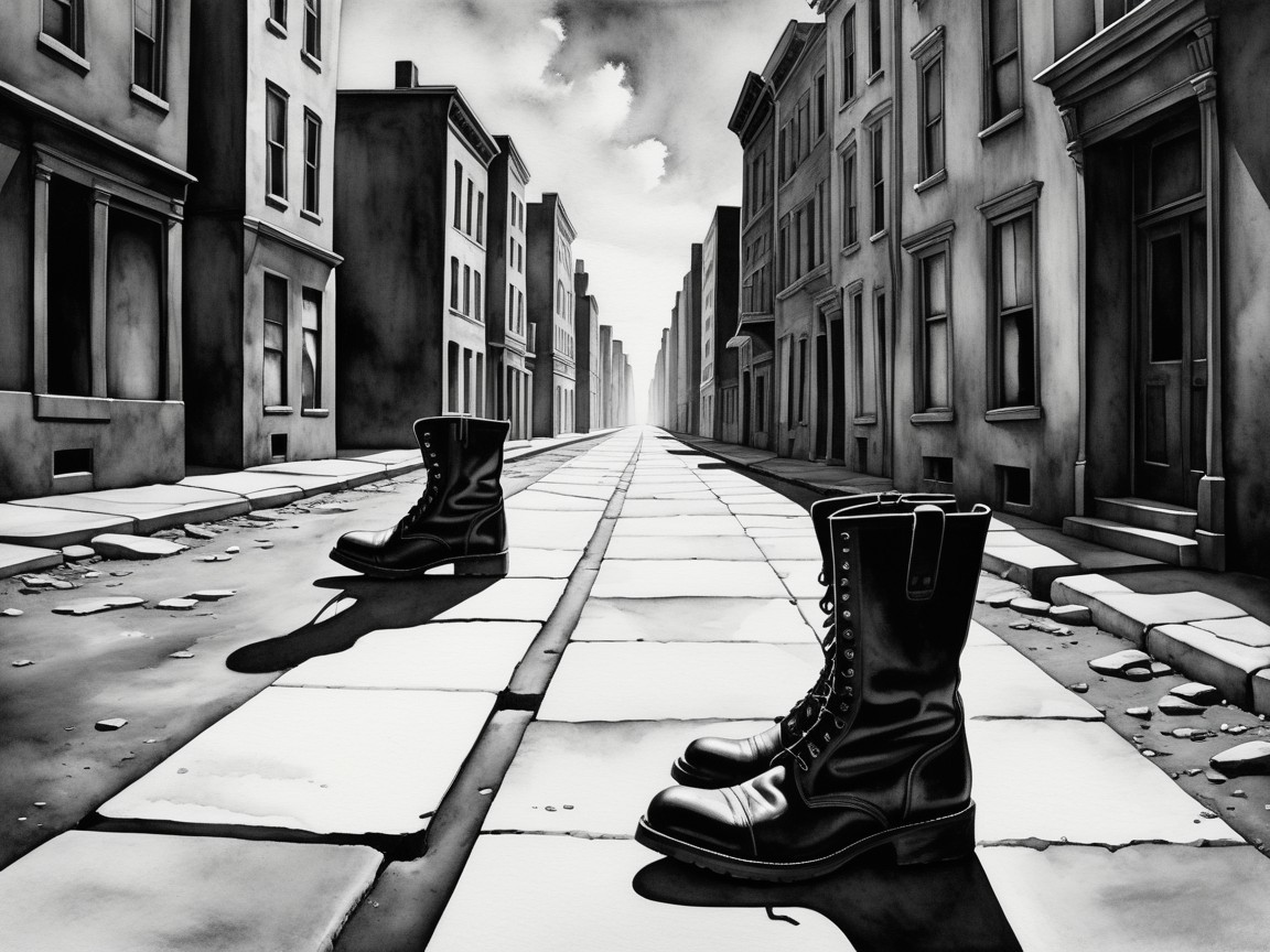 Deserted Urban Street with Combat Boots in Black-and-White