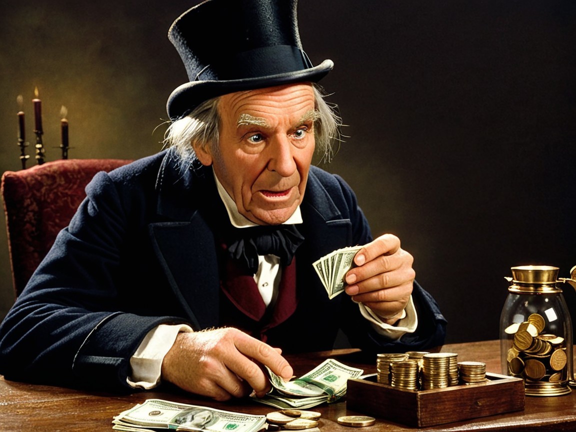 Old man with white hair sorting stacks of money and coins