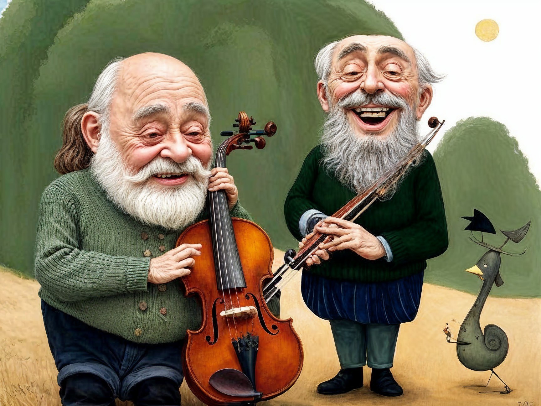Elderly Men Playing Cello and Flute in Nature