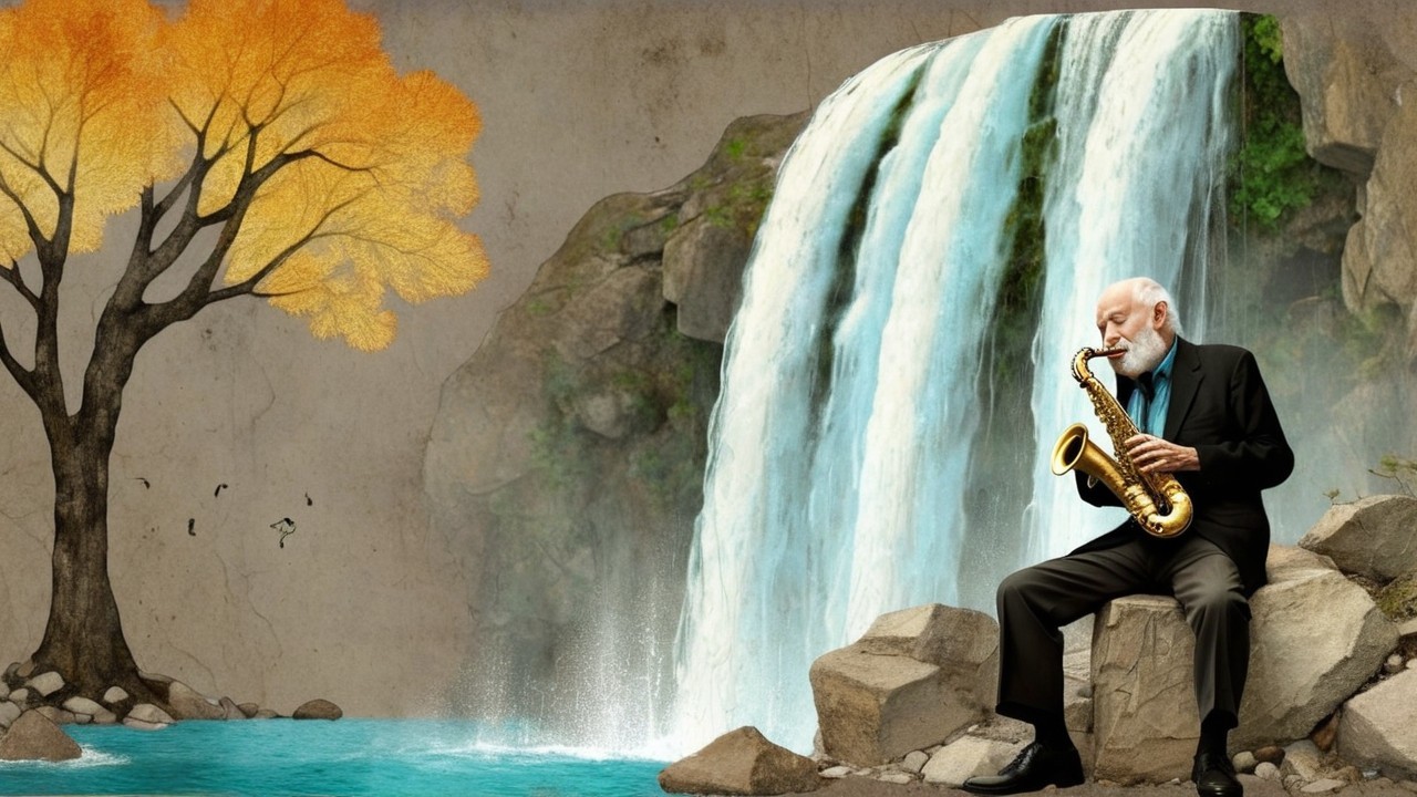 Elderly Man in Suit Playing Saxophone by Waterfall