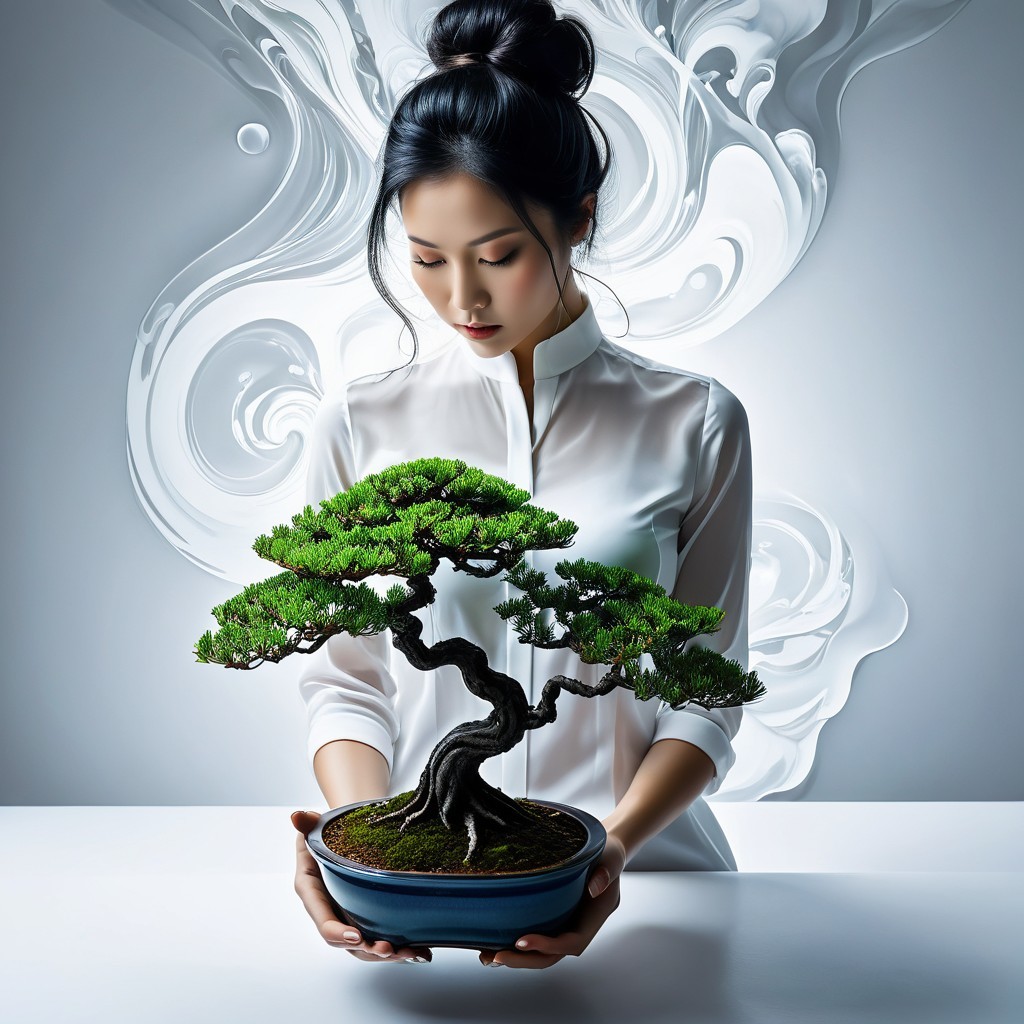 Serene Woman with Bonsai Tree in Soft Light Setting