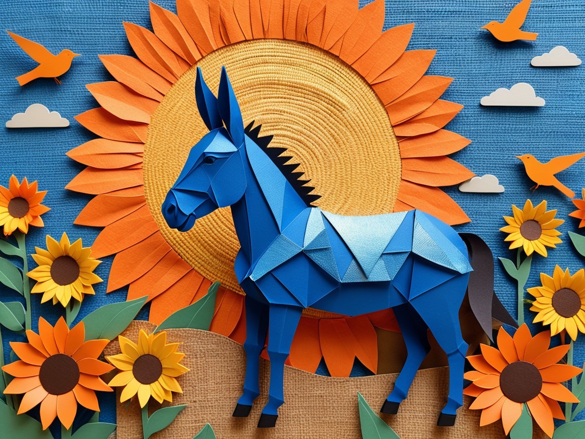 Vibrant paper art with blue horse and sunflowers