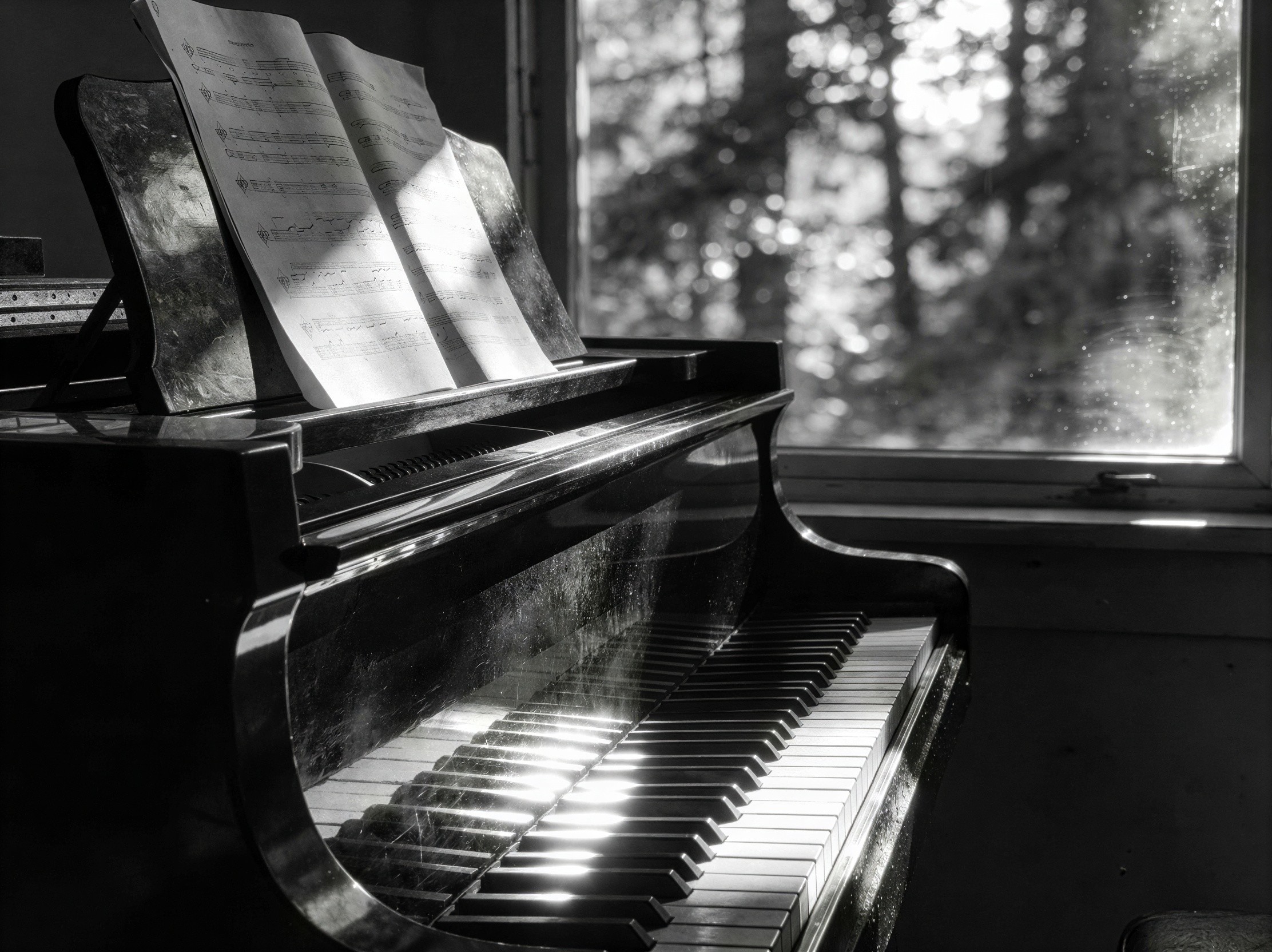 Old Black Piano in Dimly Lit Room with Sheet Music