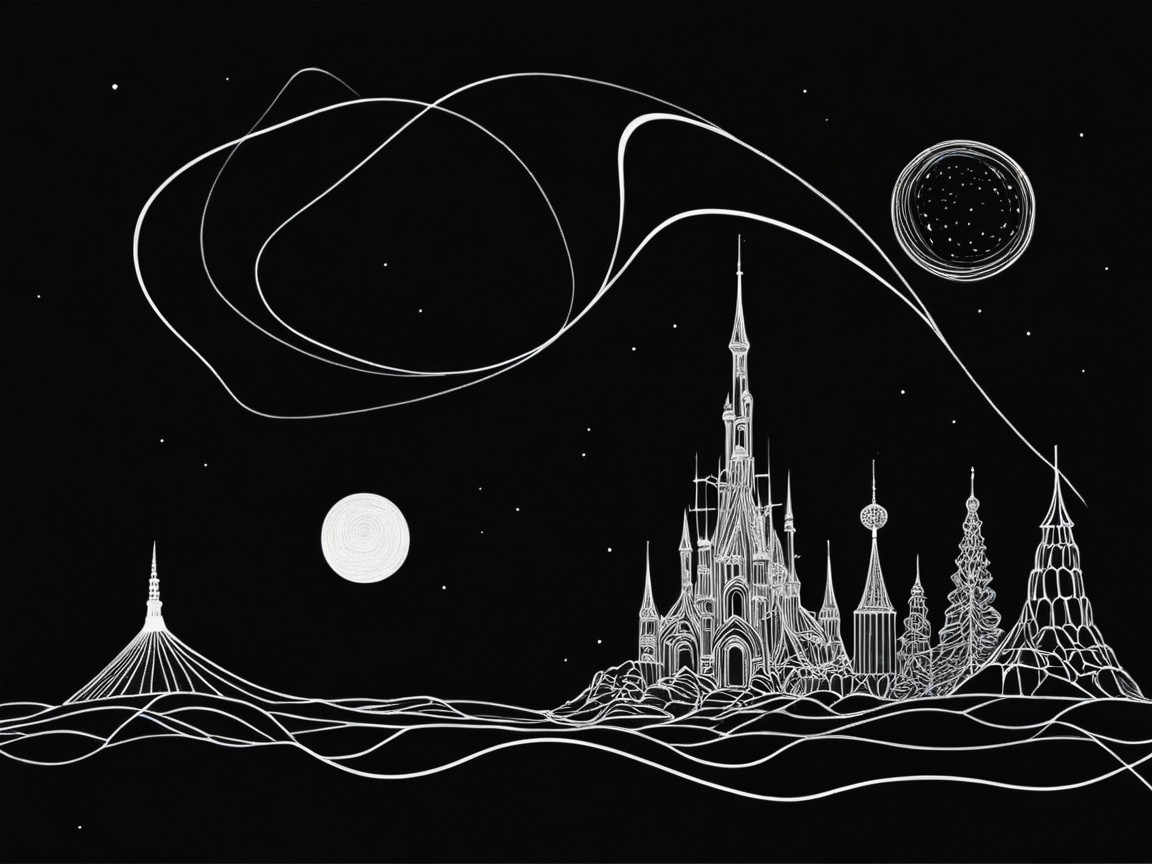 Monochromatic Landscape with Fairytale Castle and Moons