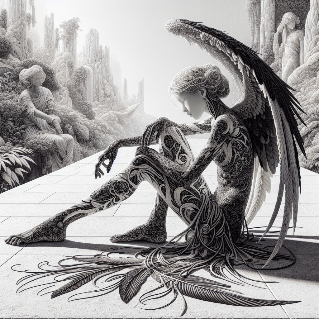 Winged Woman Surrounded by Ethereal Landscapes