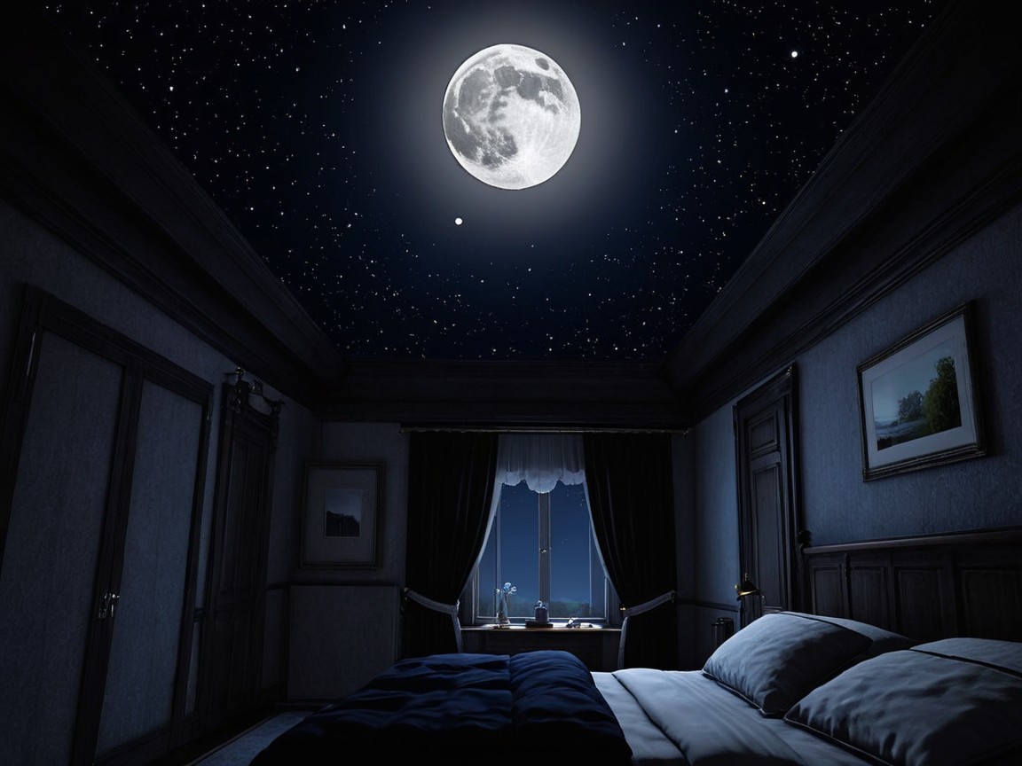 Cozy Bedroom at Night with Moon and Starry Ceiling