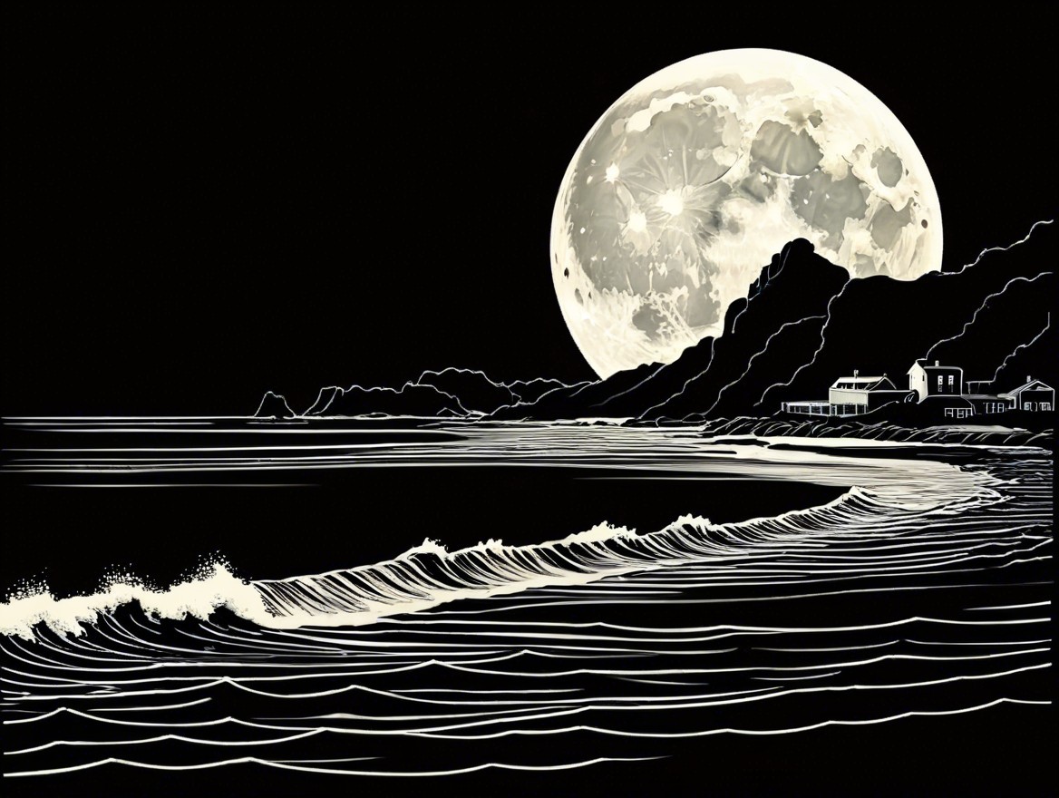 Black-and-White Landscape with Crescent Shoreline and Moon