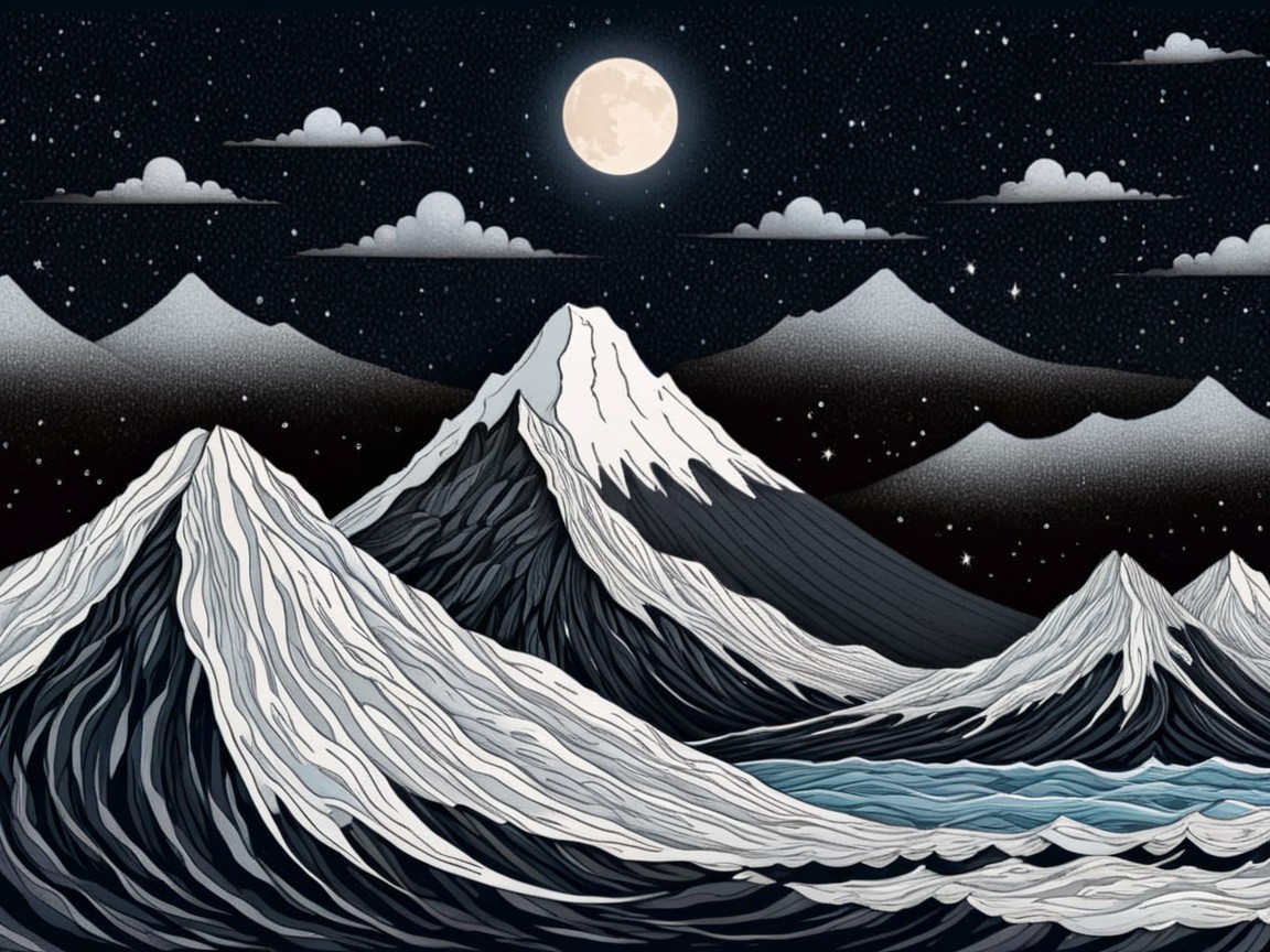 Dramatic Night Scene of Snow-Capped Mountains and Water
