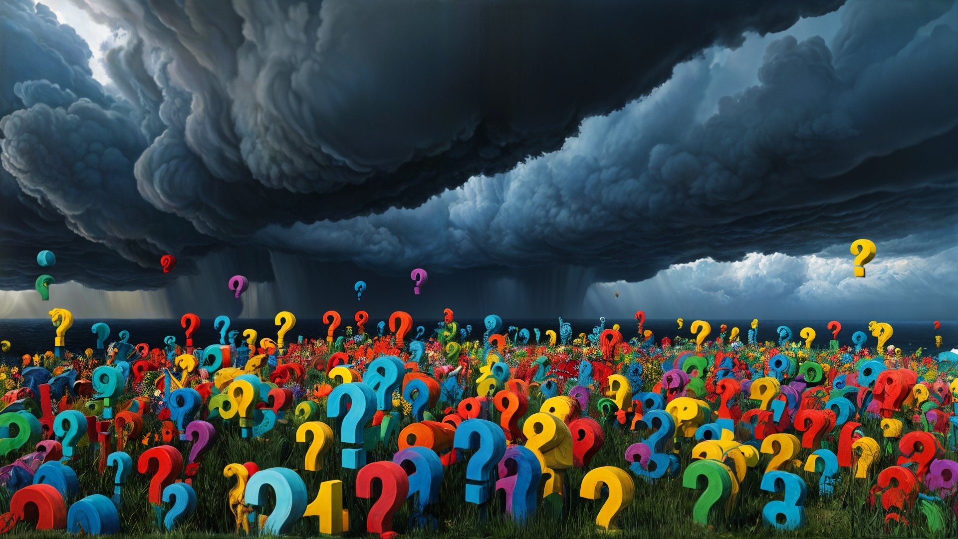 Colorful Question Marks in a Stormy Field Scene