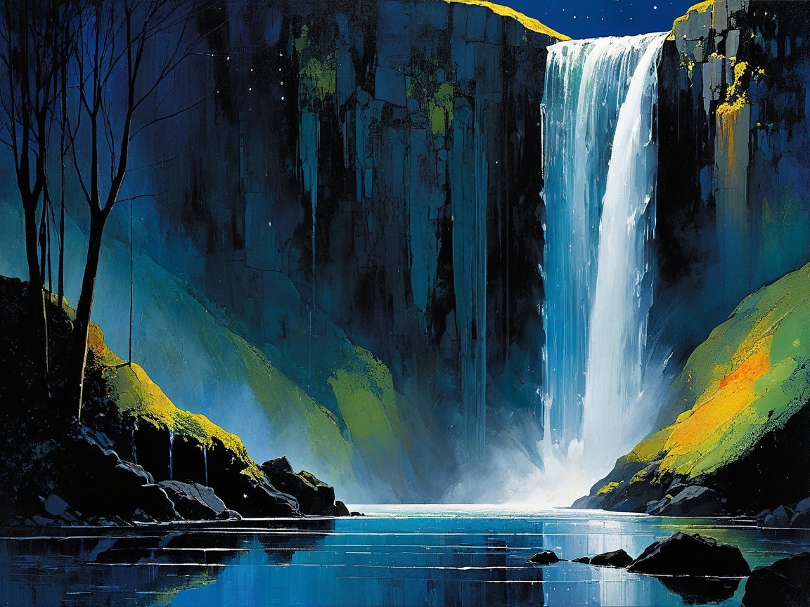 Serene Nighttime Landscape with Majestic Waterfall