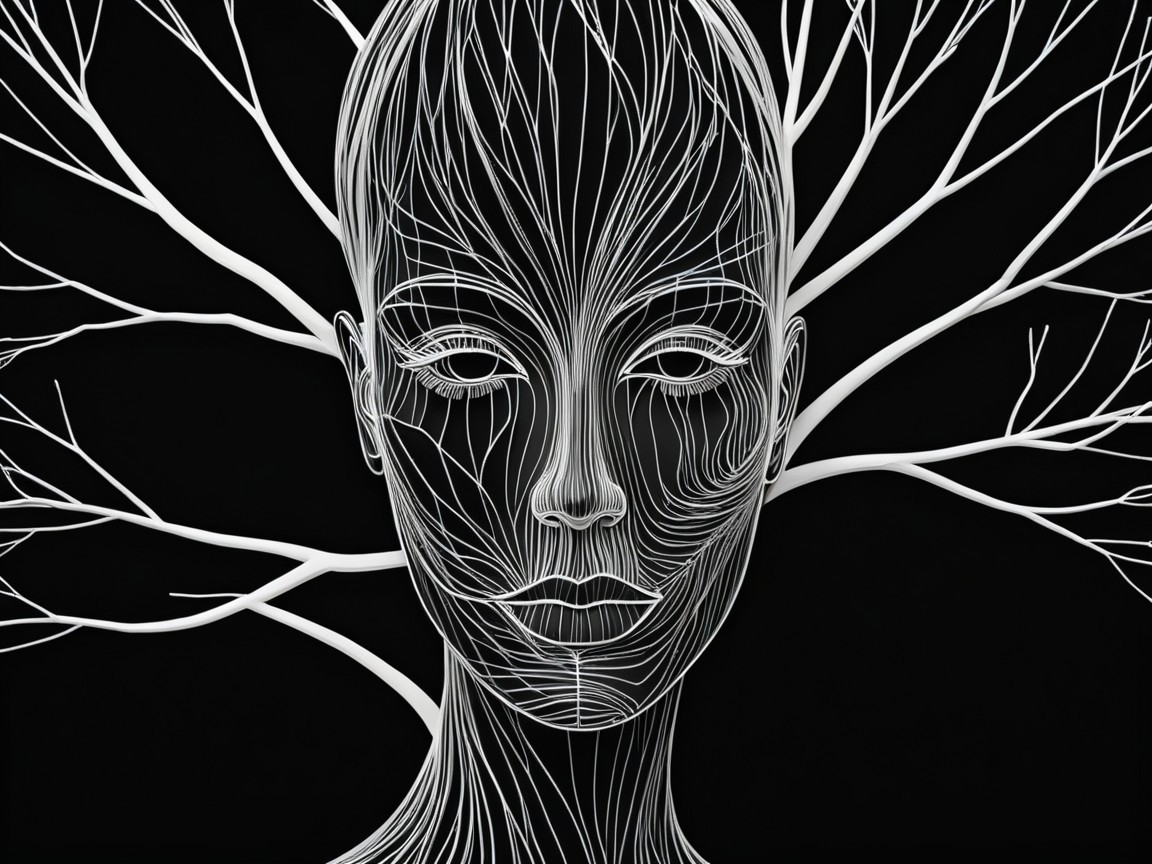 Black-and-White Illustration of Human Face and Tree