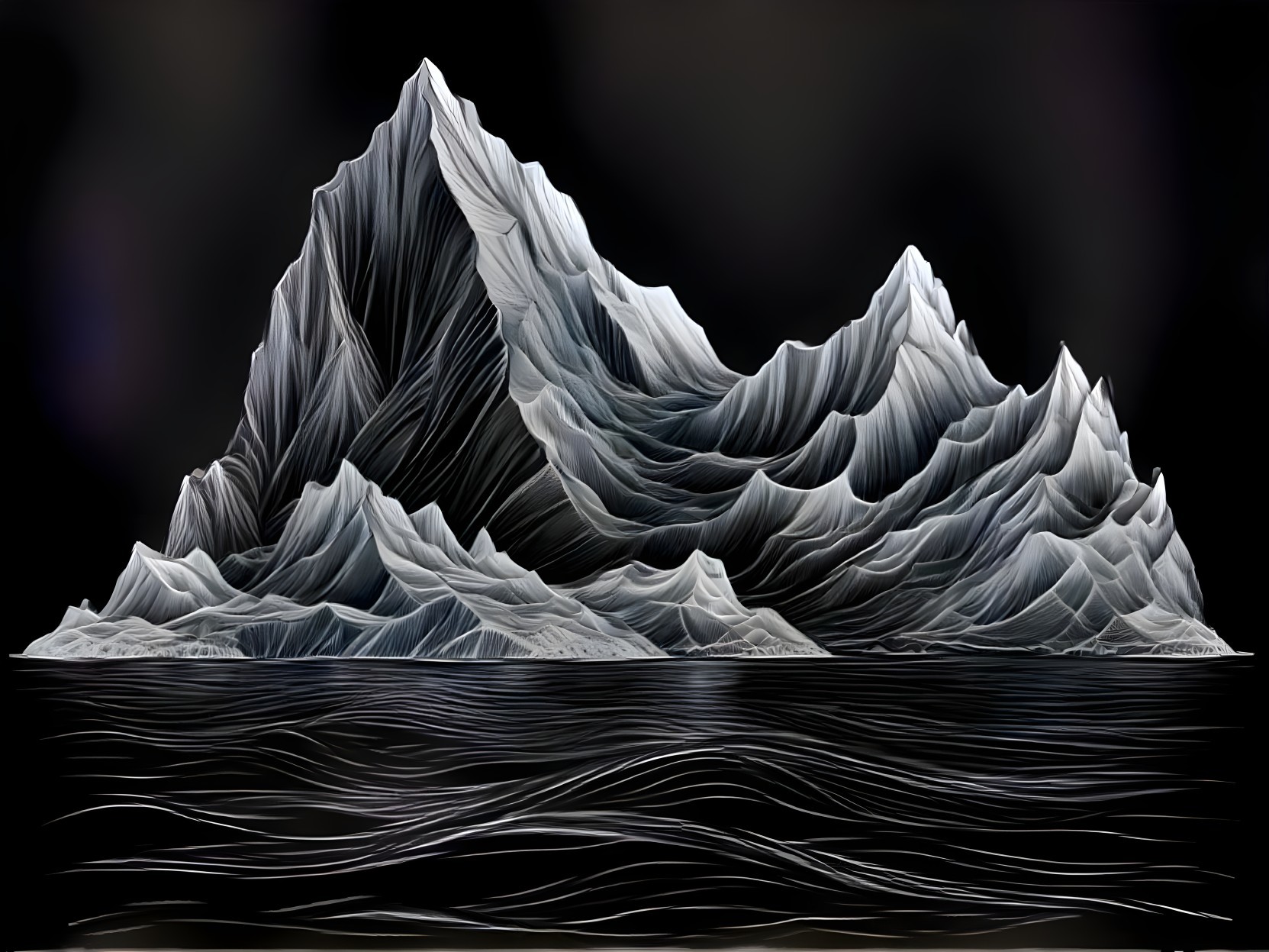 Black and white illustration of a jagged mountain range