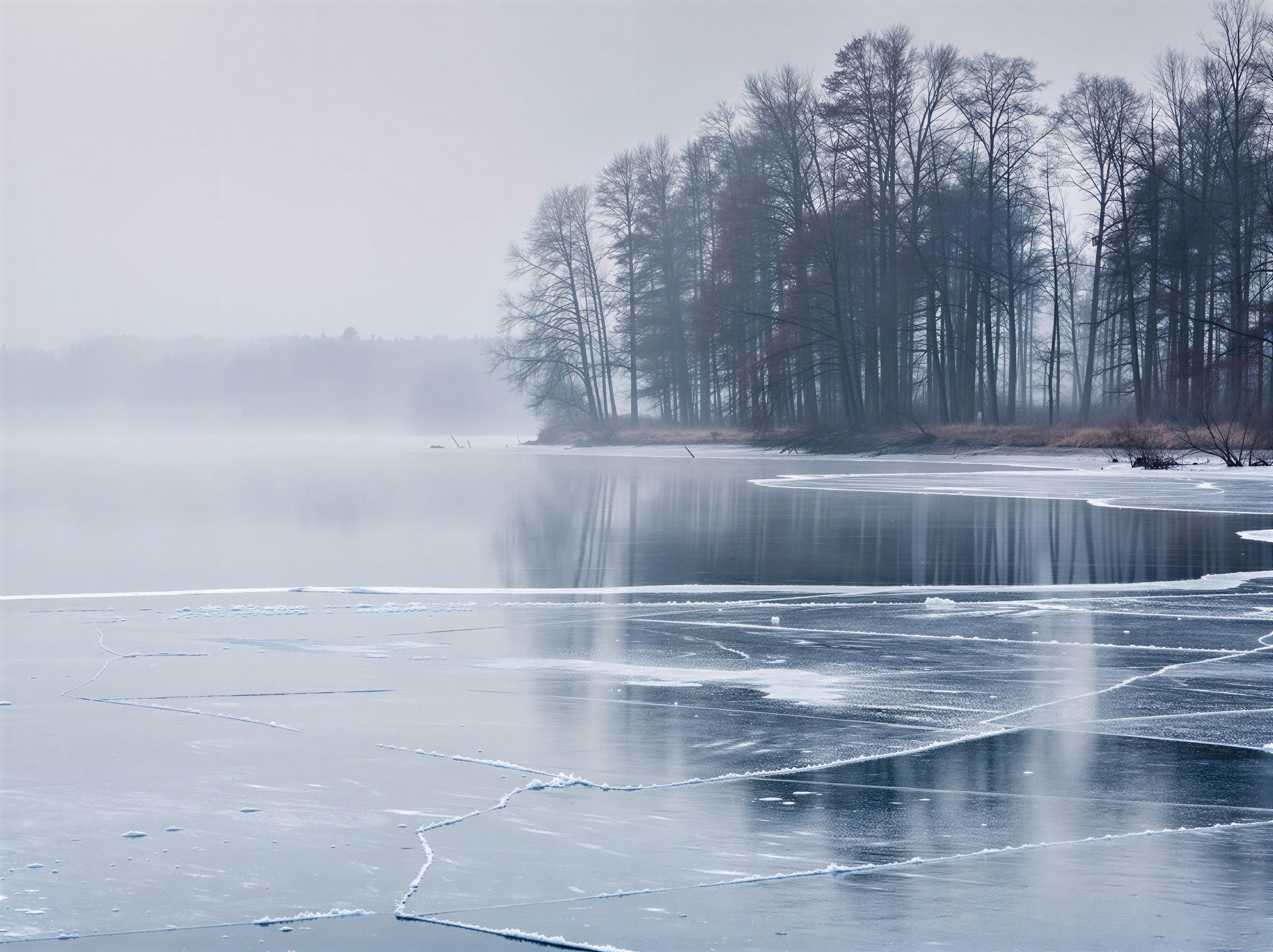 Winter Landscape with Frozen Lake and Bare Trees