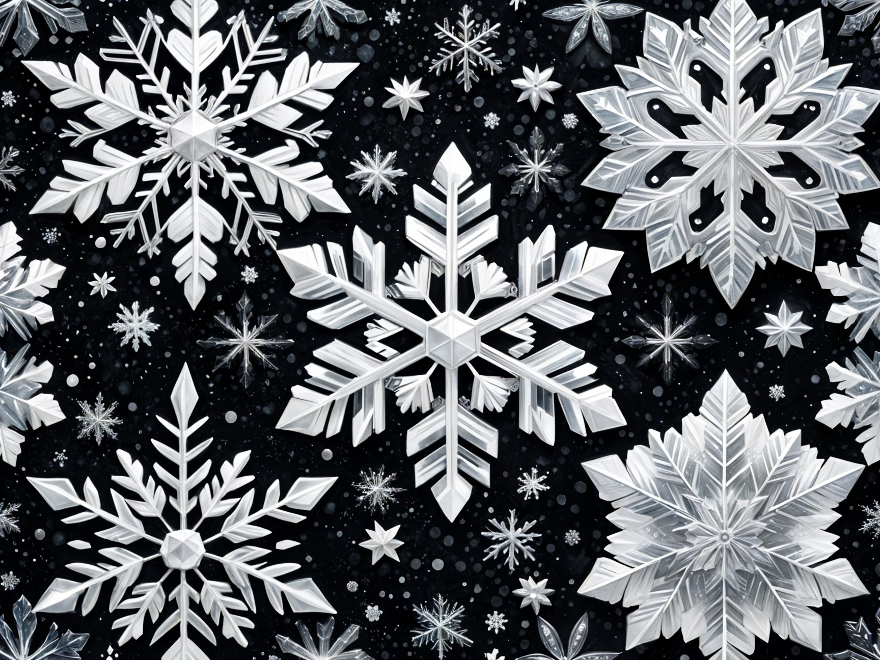 Intricate 3D Snowflake Patterns on Black Background