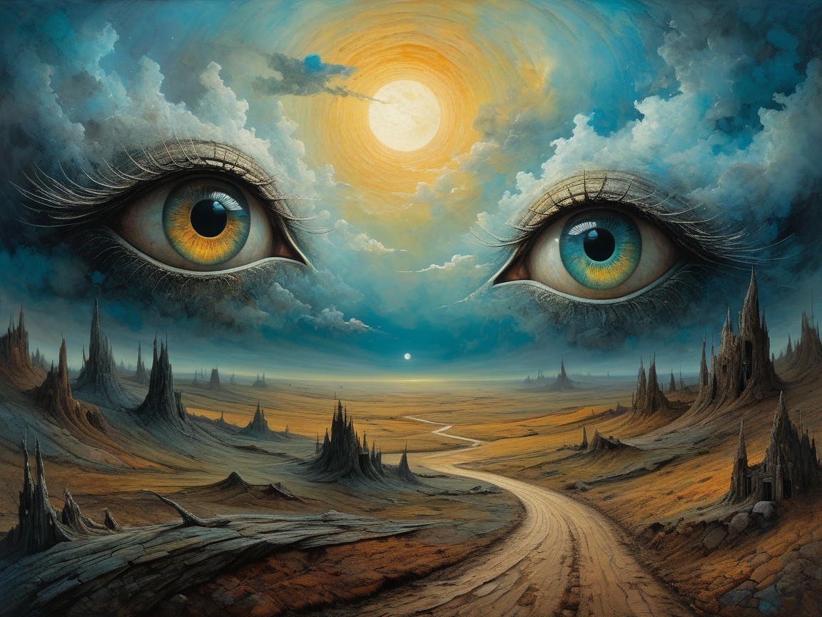 Surreal Landscape with Expressive Eyes and Dramatic Sky