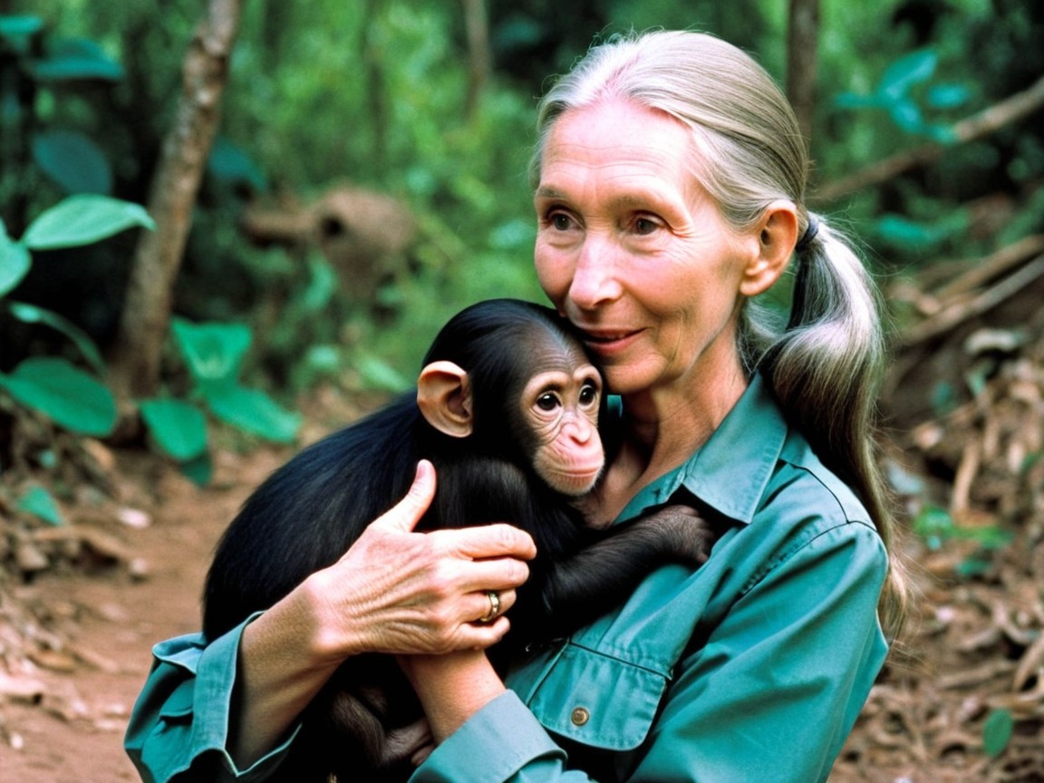 Woman in green shirt holds young chimpanzee in forest