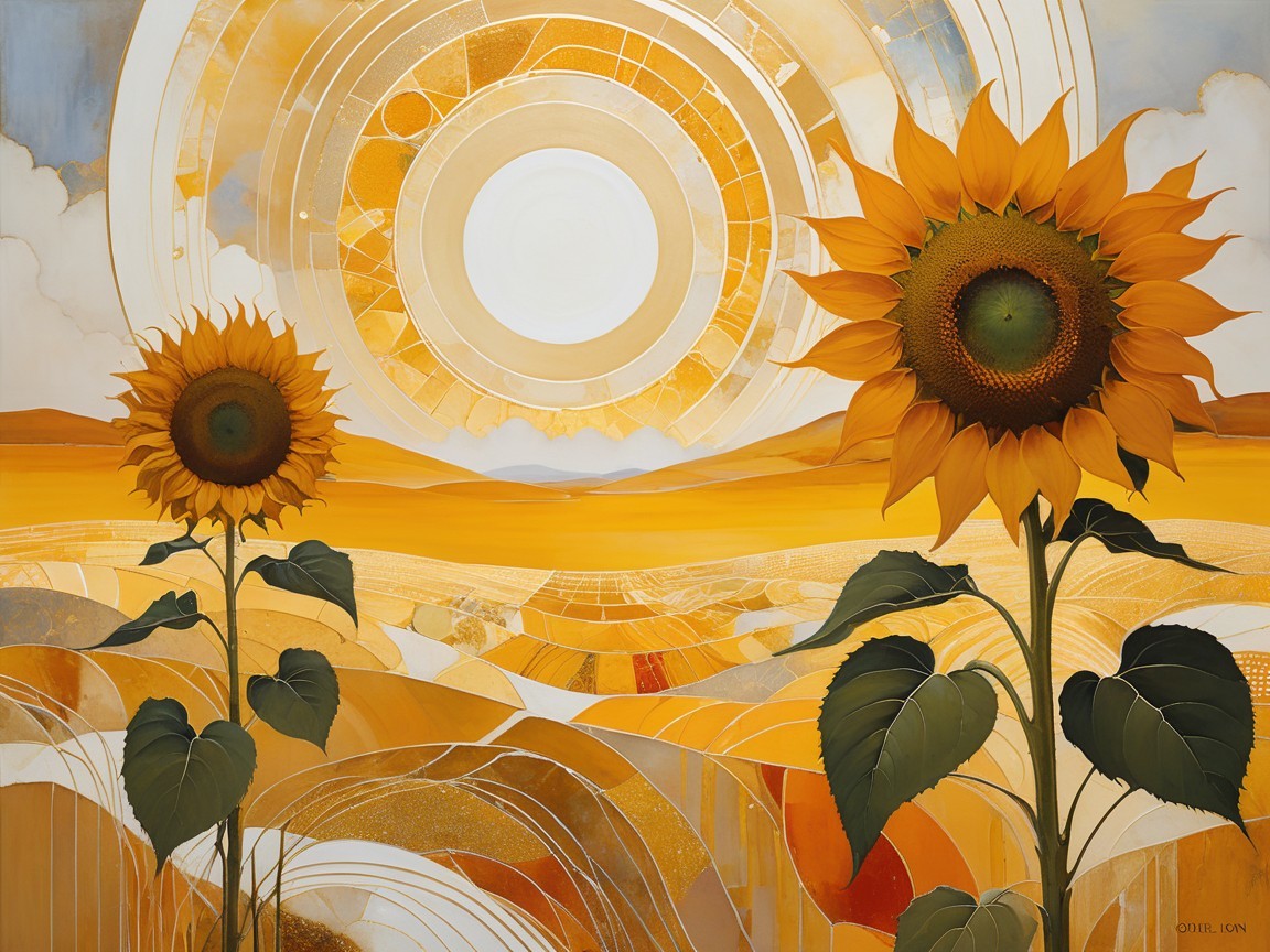 Sunflowers Against a Warm Abstract Landscape
