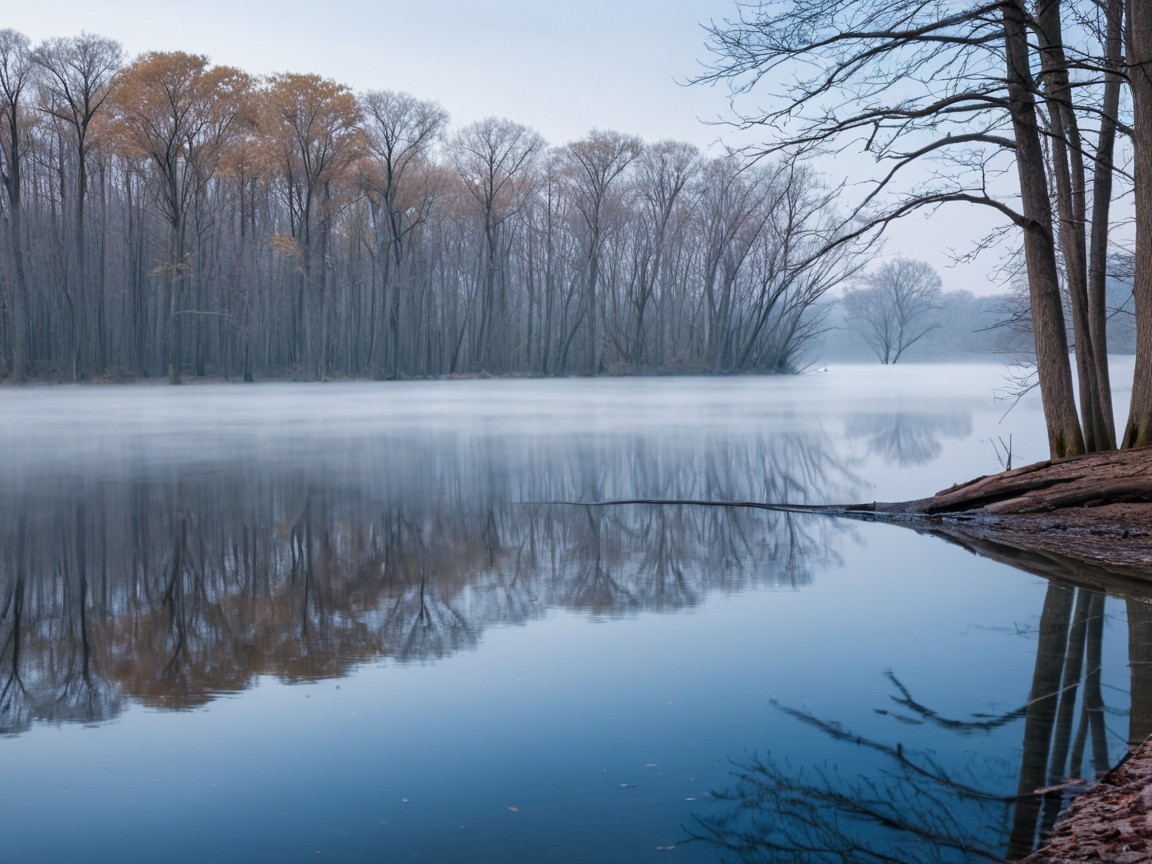 Misty Lake Landscape with Autumn Trees and Fog