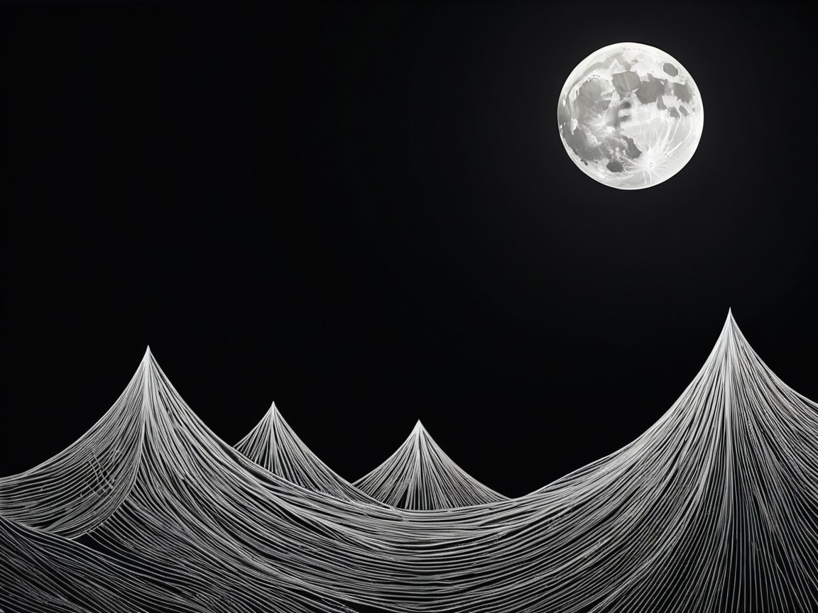 Black-and-white illustration of a luminous moon over mountains