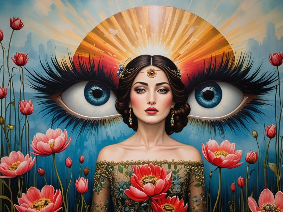 Woman in Floral Dress with Vibrant Background and Flowers