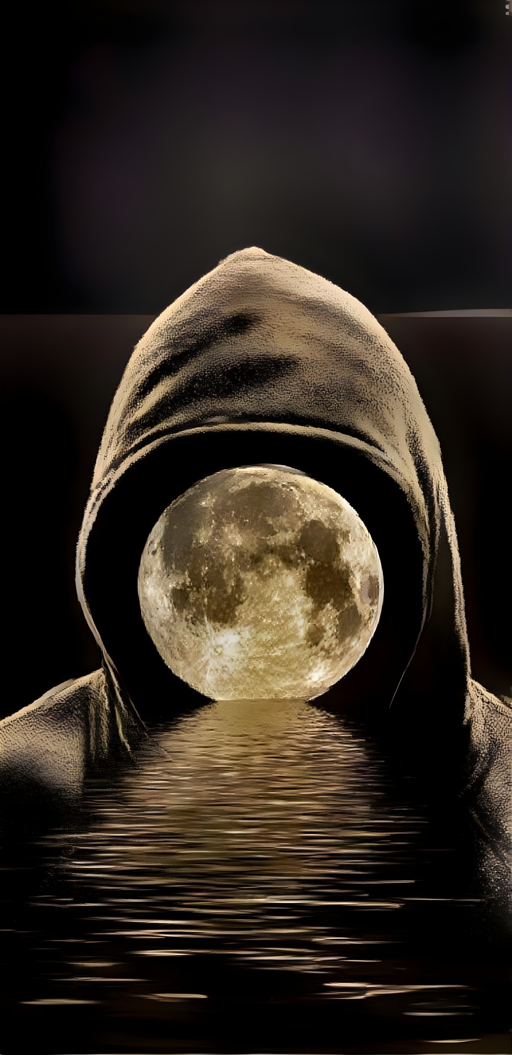 Mysterious Hooded Figure by Moonlit Water Surface