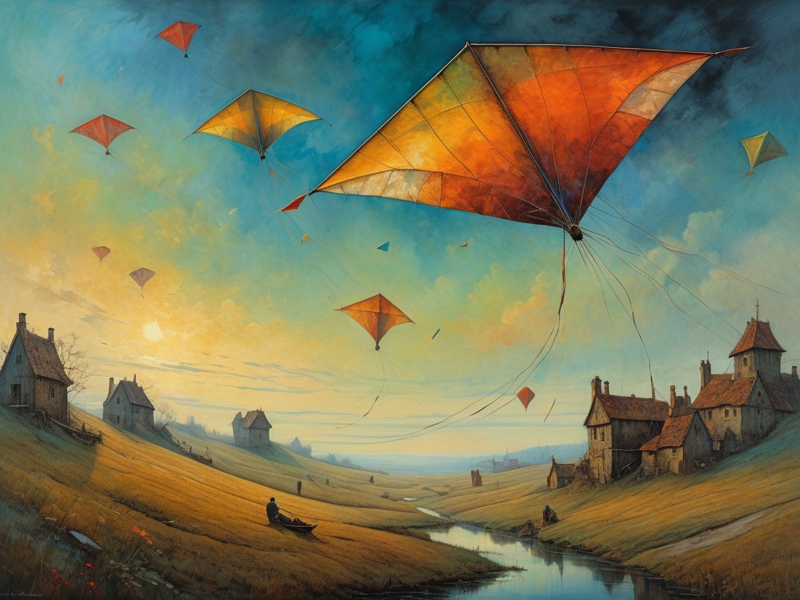 Vibrant Sky with Kites Over Rolling Hills and River