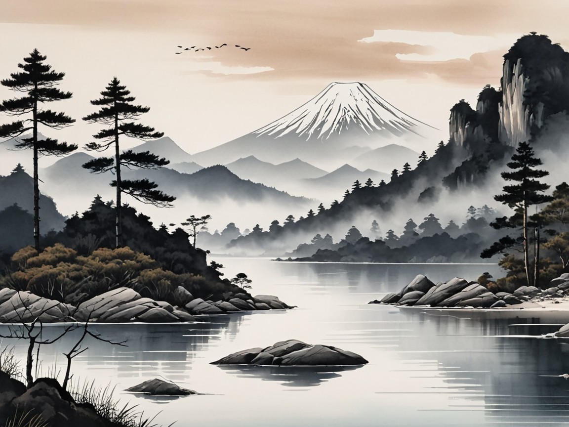 Tranquil River Landscape with Mountains and Pine Trees
