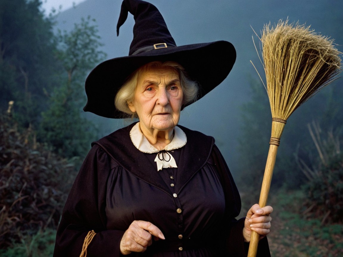 Elderly Woman in Witch Outfit in Misty Forest