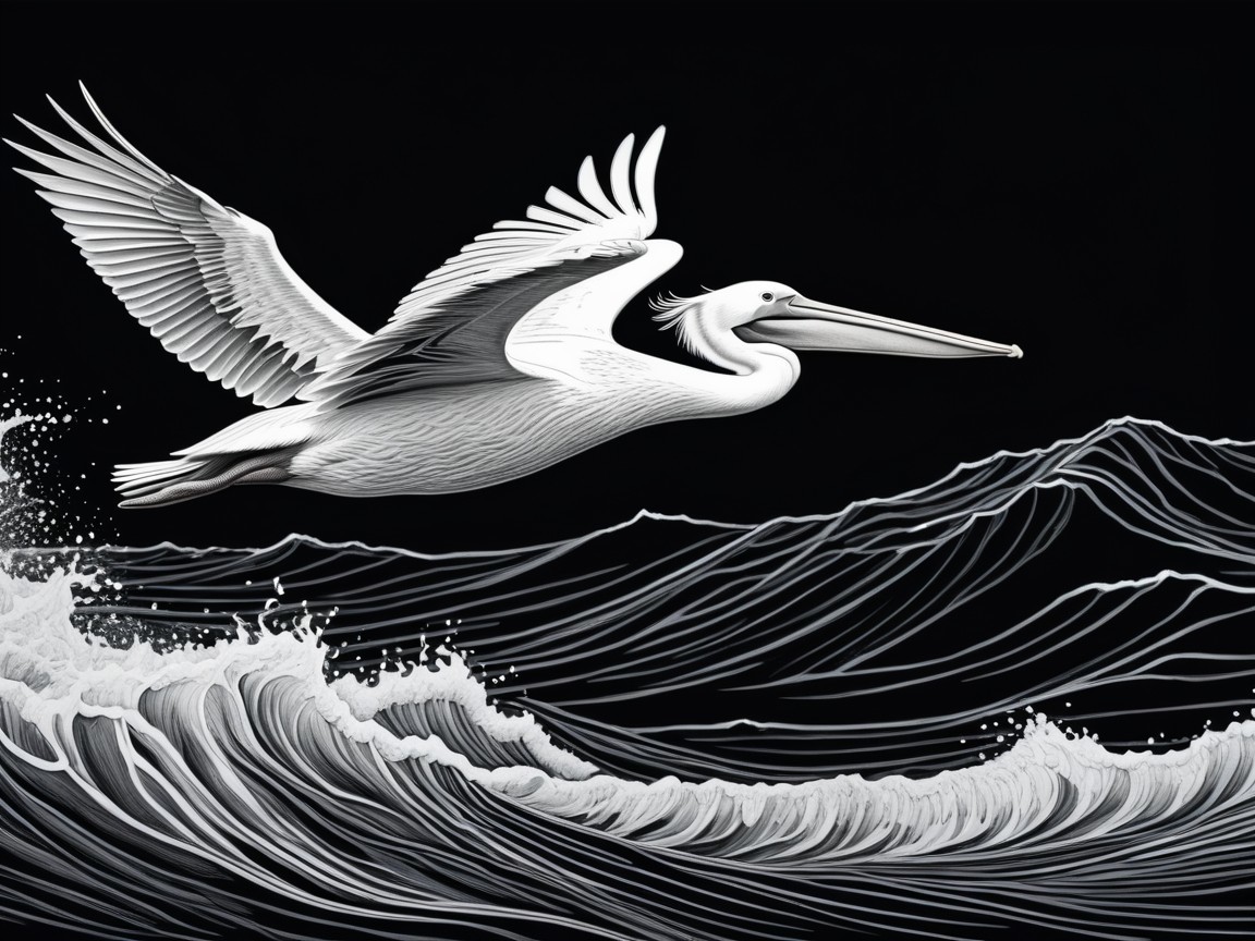 White Pelican Soaring Above Ocean Waves Artwork