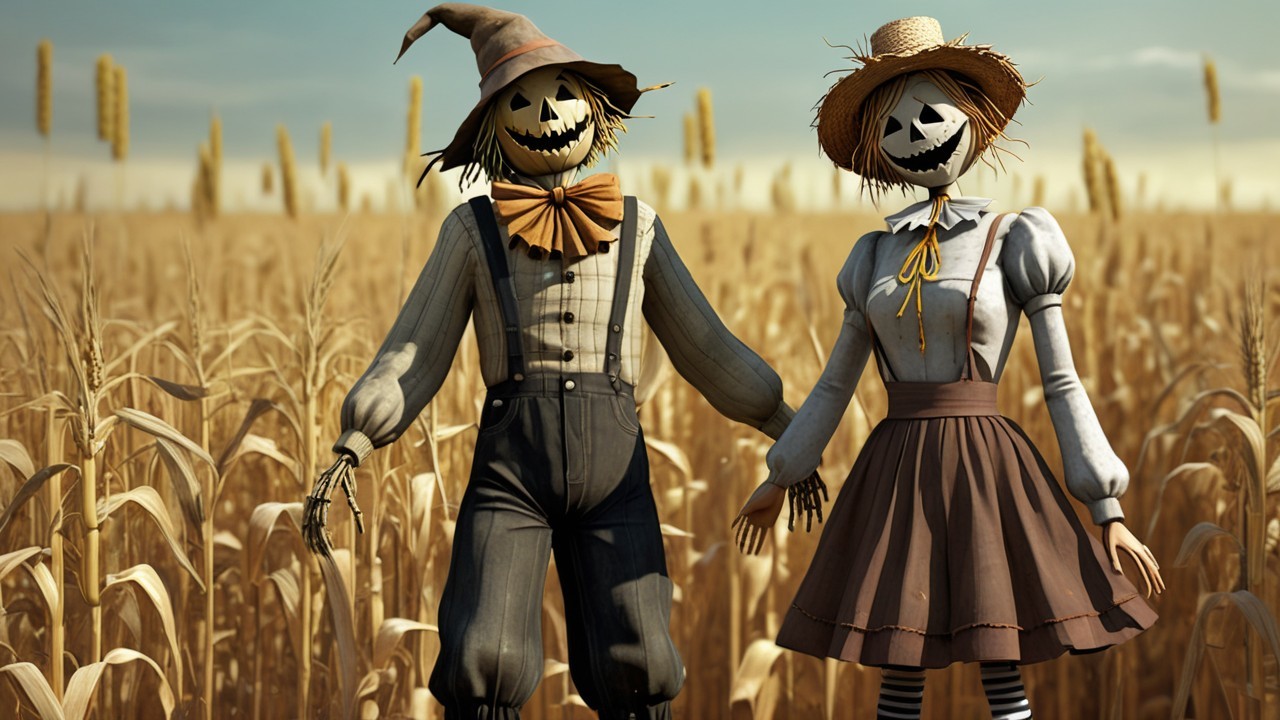 Whimsical Scarecrows in a Golden Cornfield