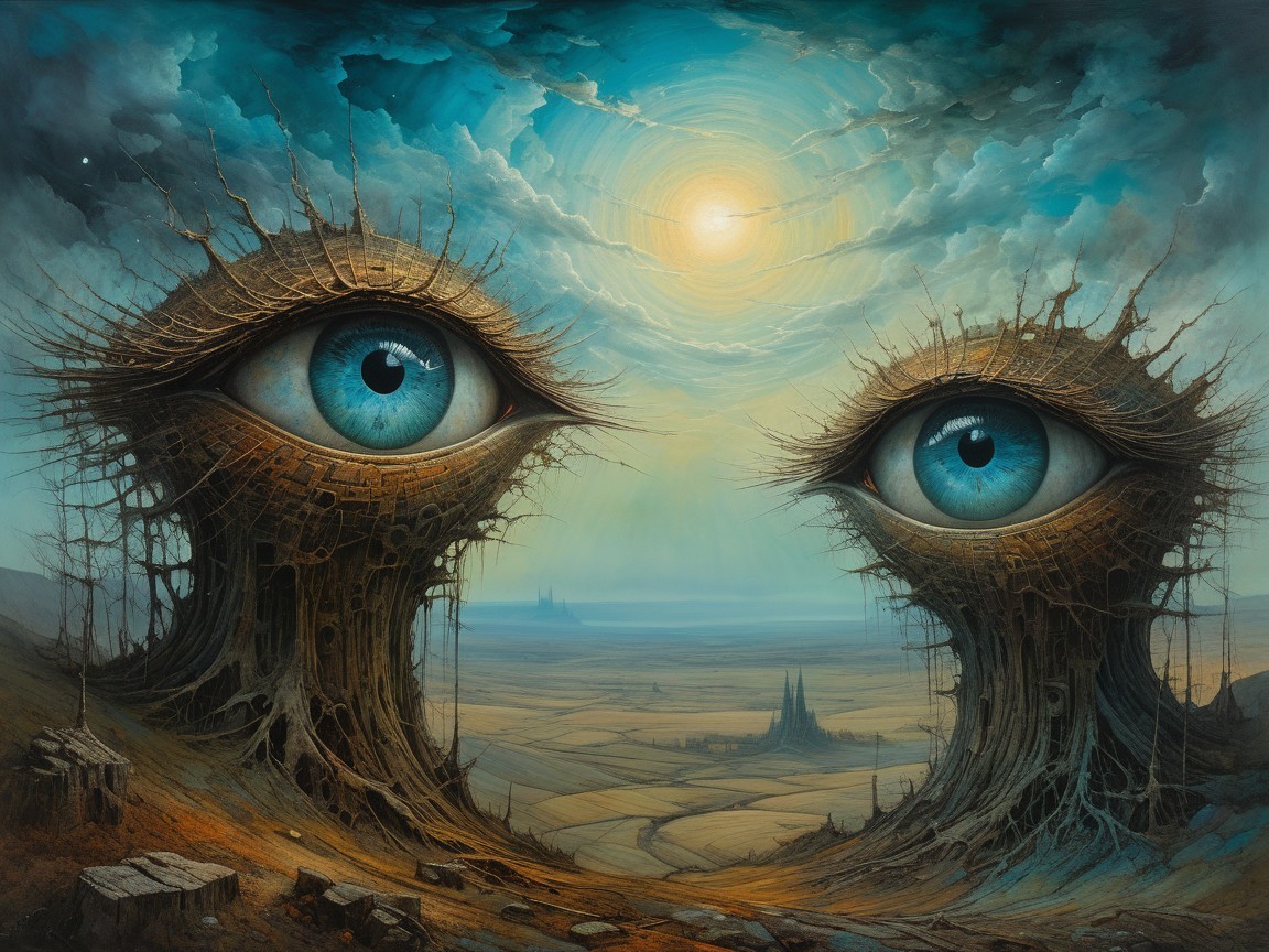 Surreal Landscape with Large Expressive Eyes and Trees