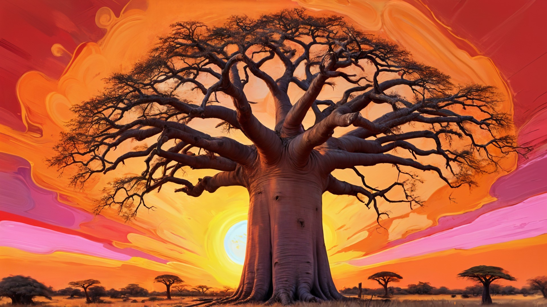 Baobab Tree Silhouette Against Vibrant Sunset Sky