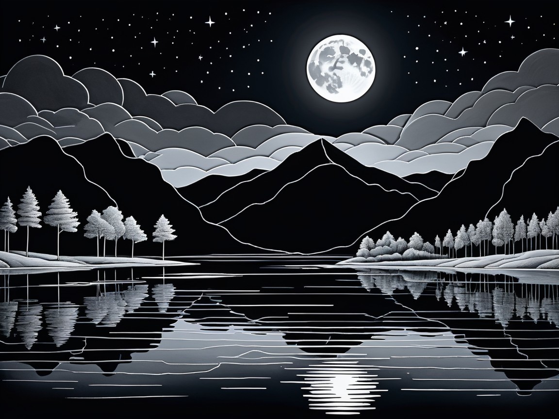 Black and White Landscape with Moonlit Lake and Mountains