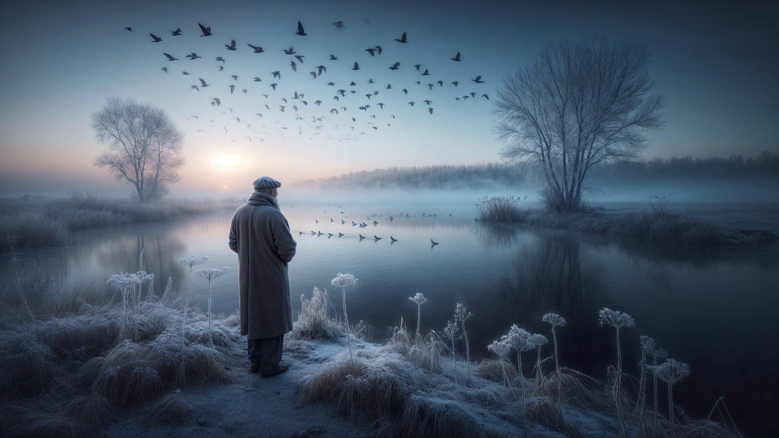 Frosty Landscape with Figure by Misty River at Dawn